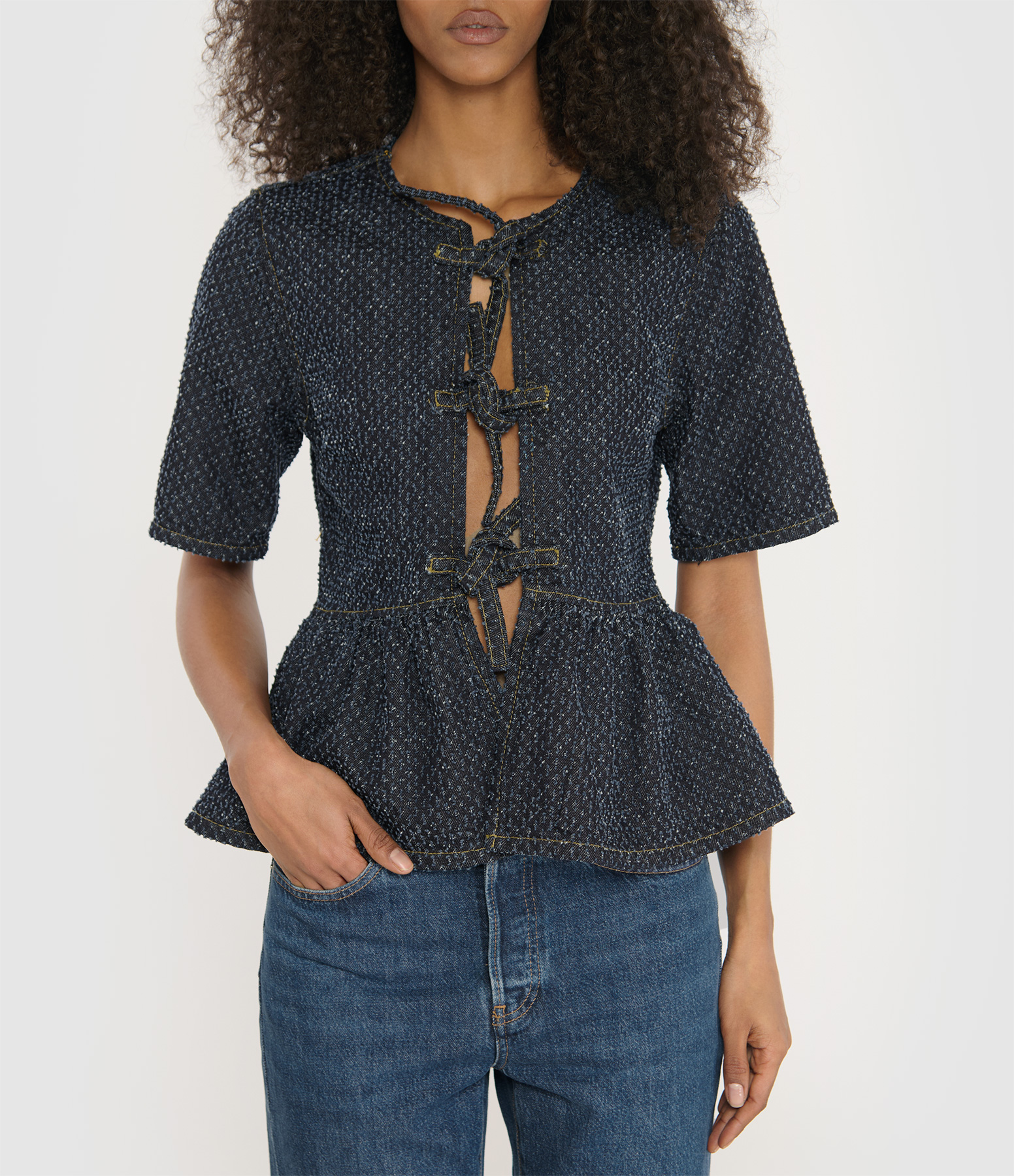 Rinse Peplum Denim Tweed Blouse