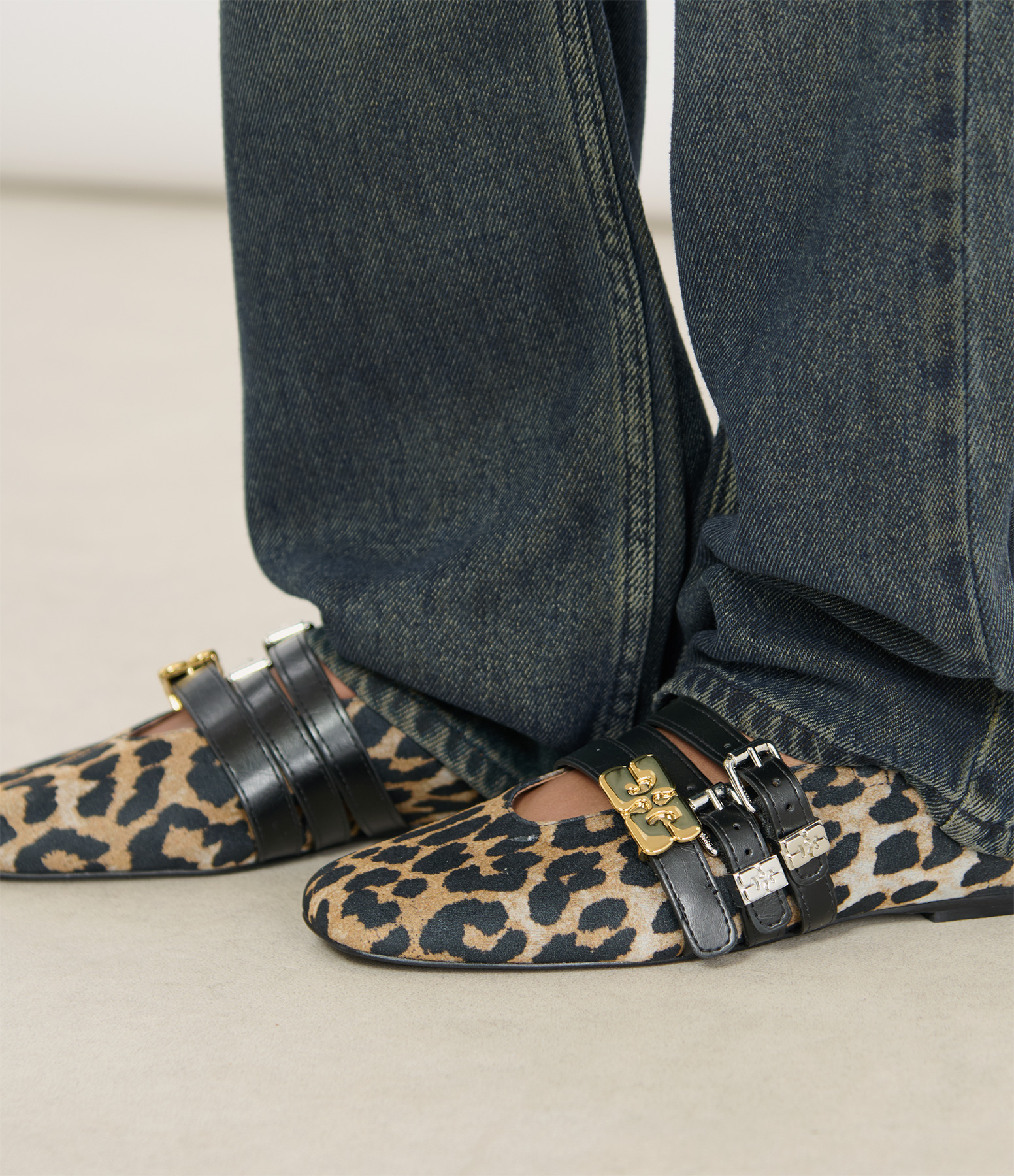 Sue Triple Ballerina Flocked Denim Printed Almond Milk Ballet Flats
