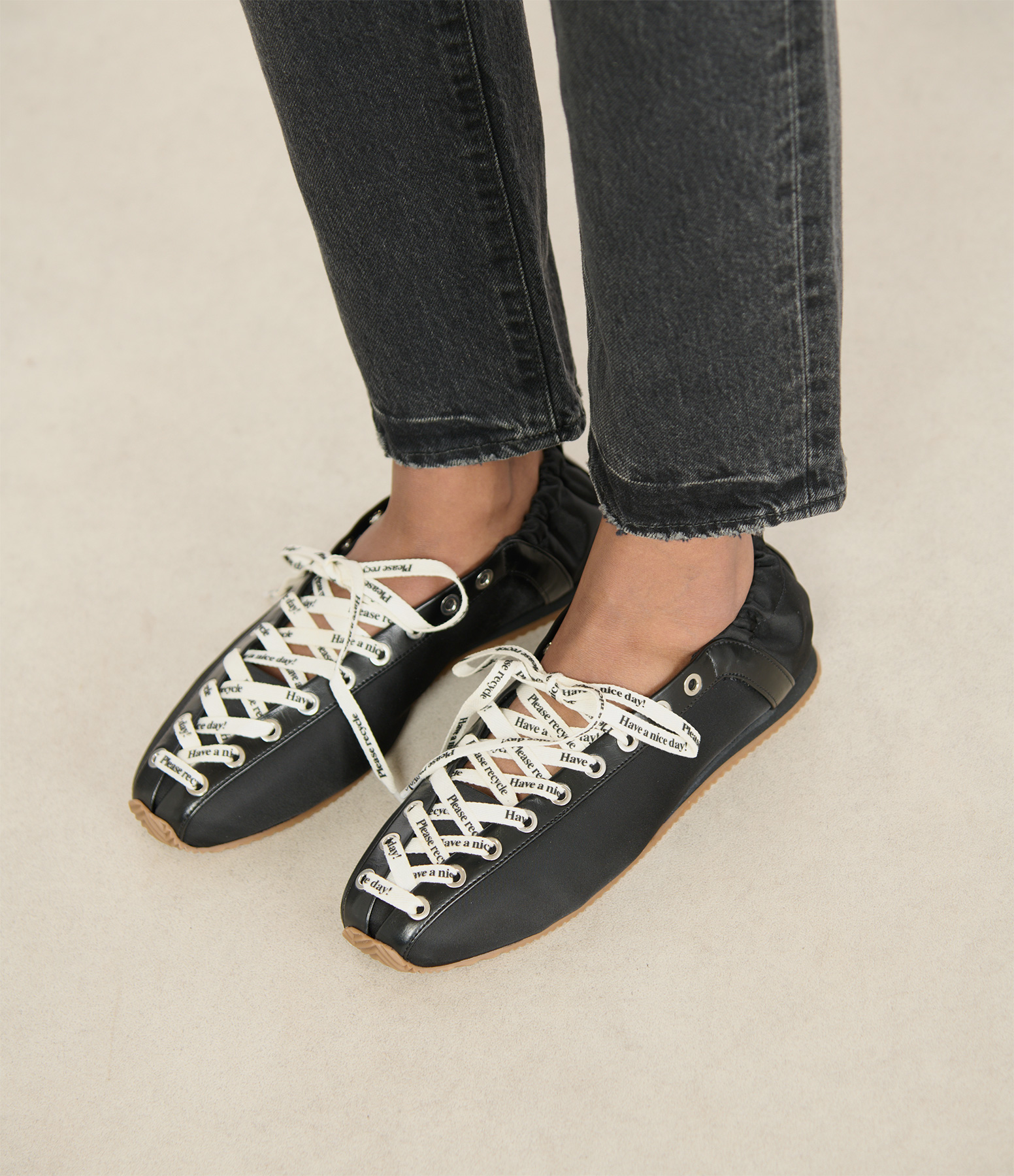 Lace-up Sporty Nylon Ballerina Flats – Black