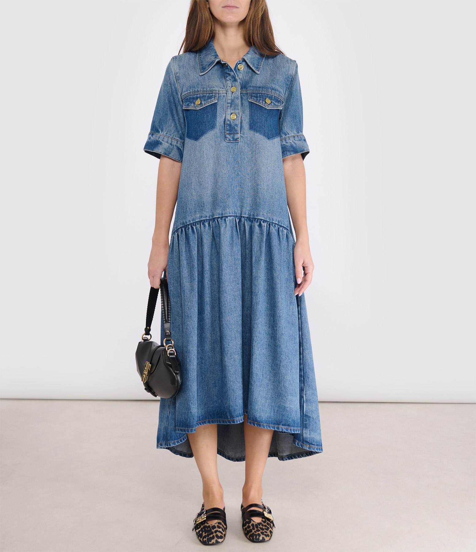Lightweight Midi-Length Denim Dress in Tint Wash