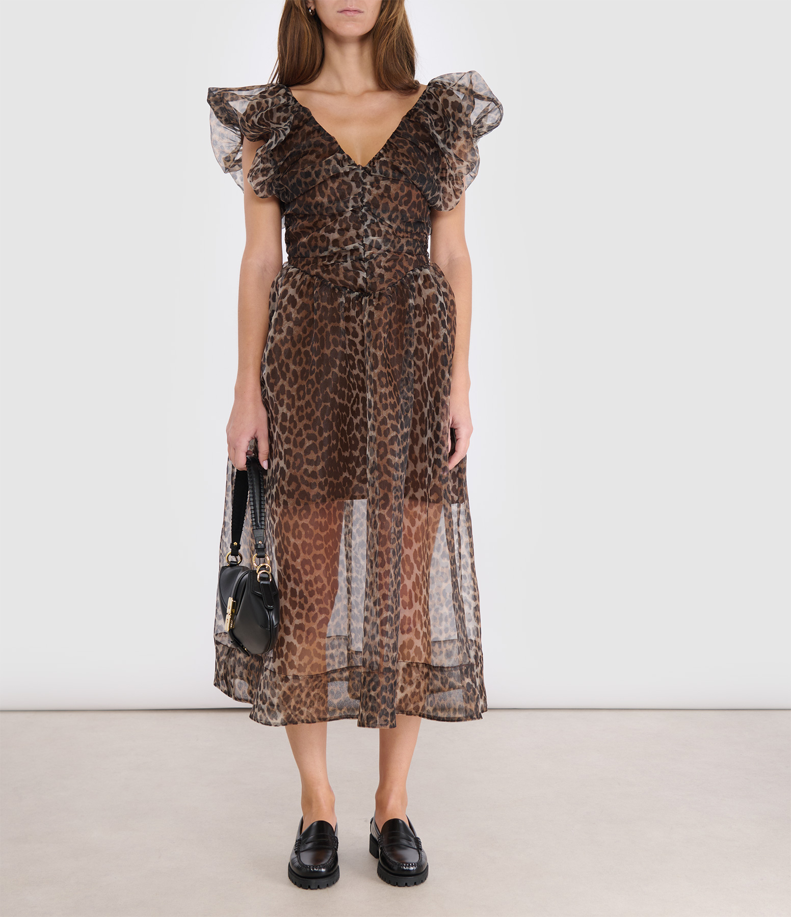 Printed Textured Organza Ruched Dress in Almond Milk