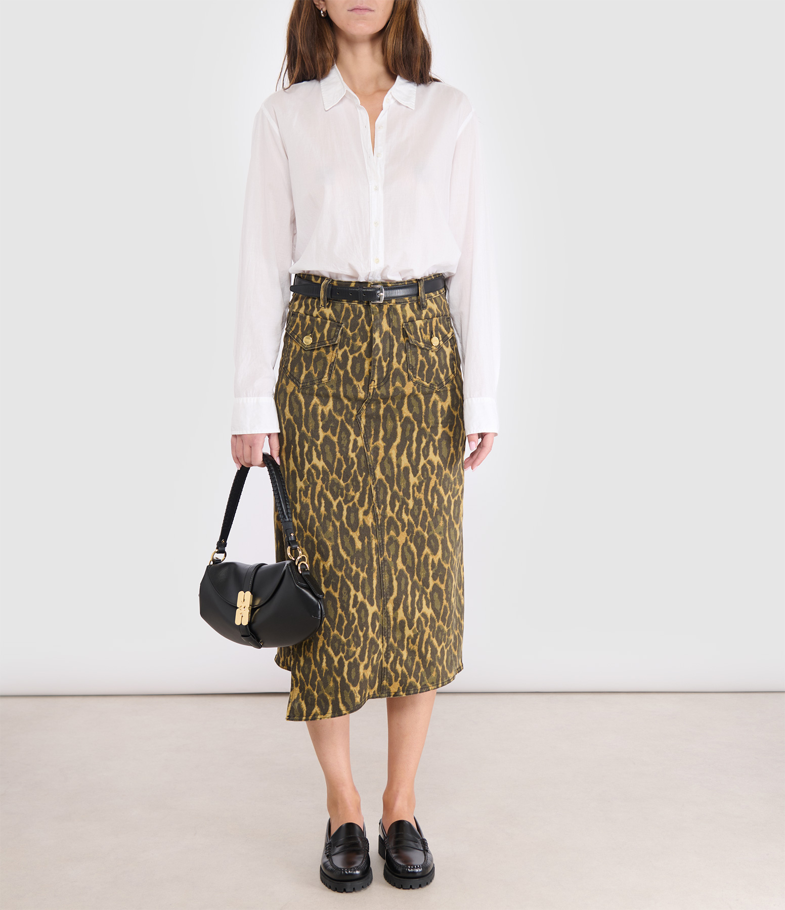 Khaki Midi Denim Print Skirt