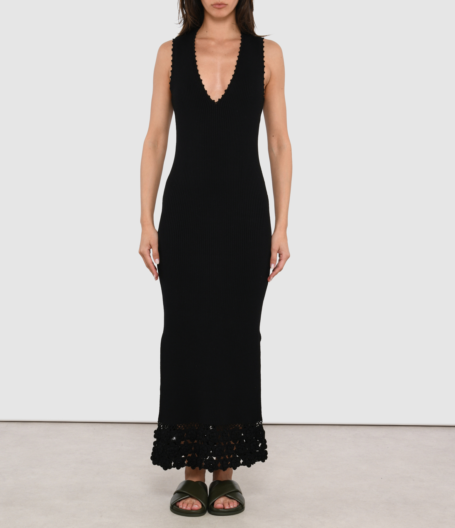 Black Fine Crochet V-Neck Dress