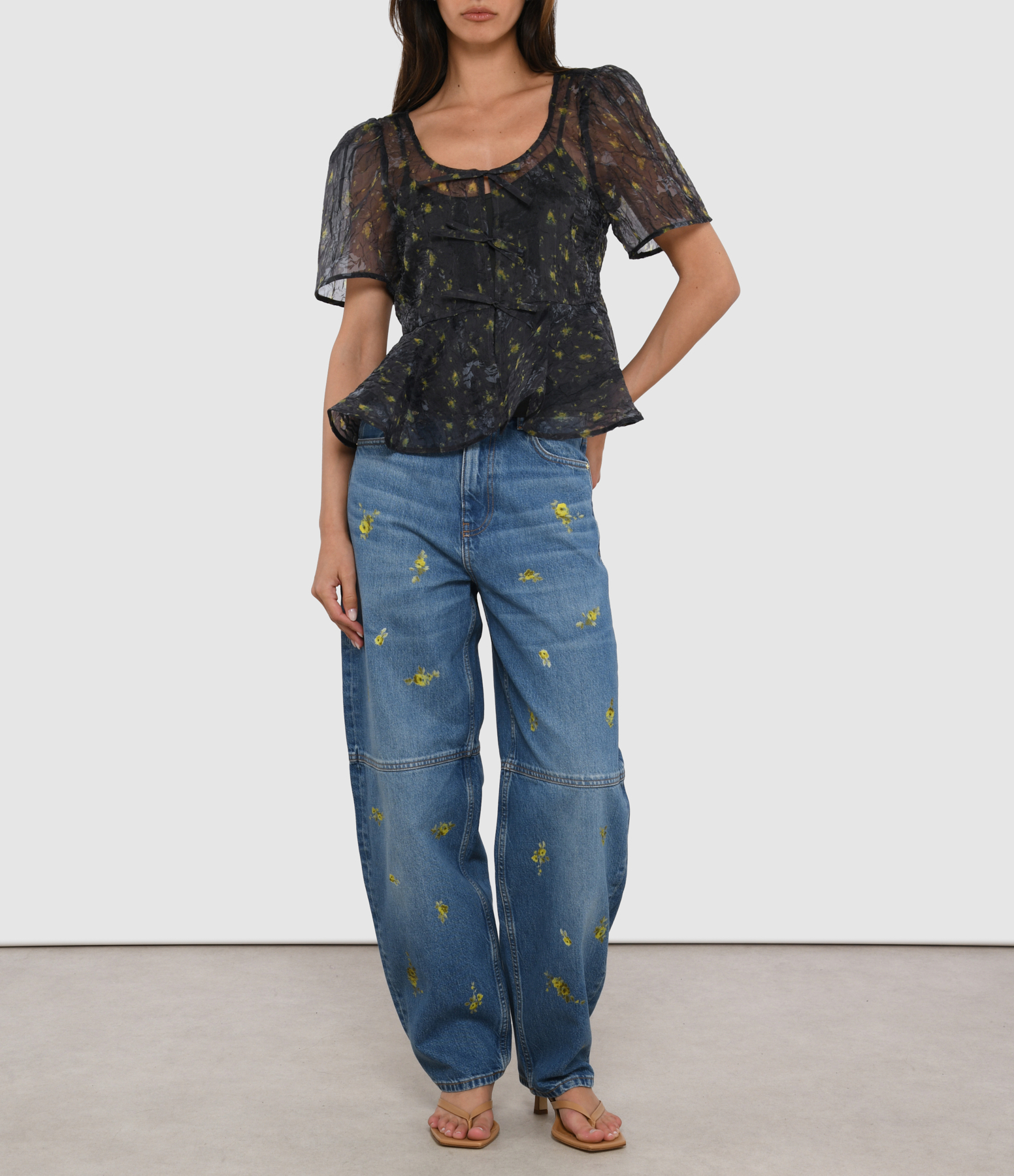 Printed Floral Denim Trousers, Light Blue, Vintage Style