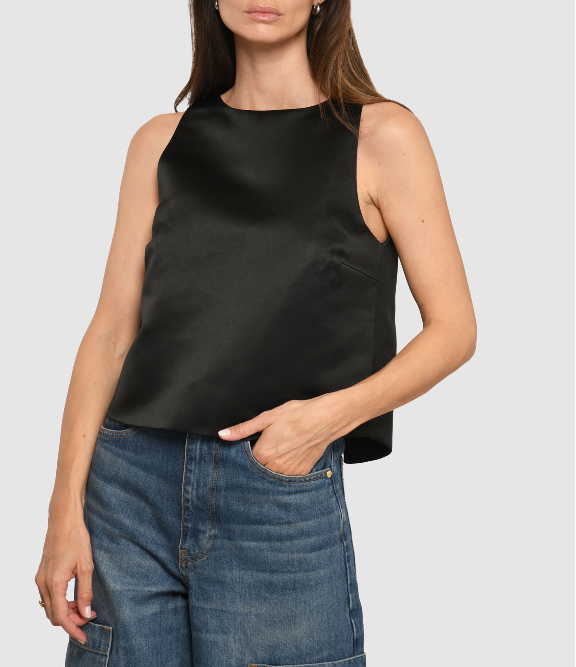 Black Crossover Open-Back Duchesse Top