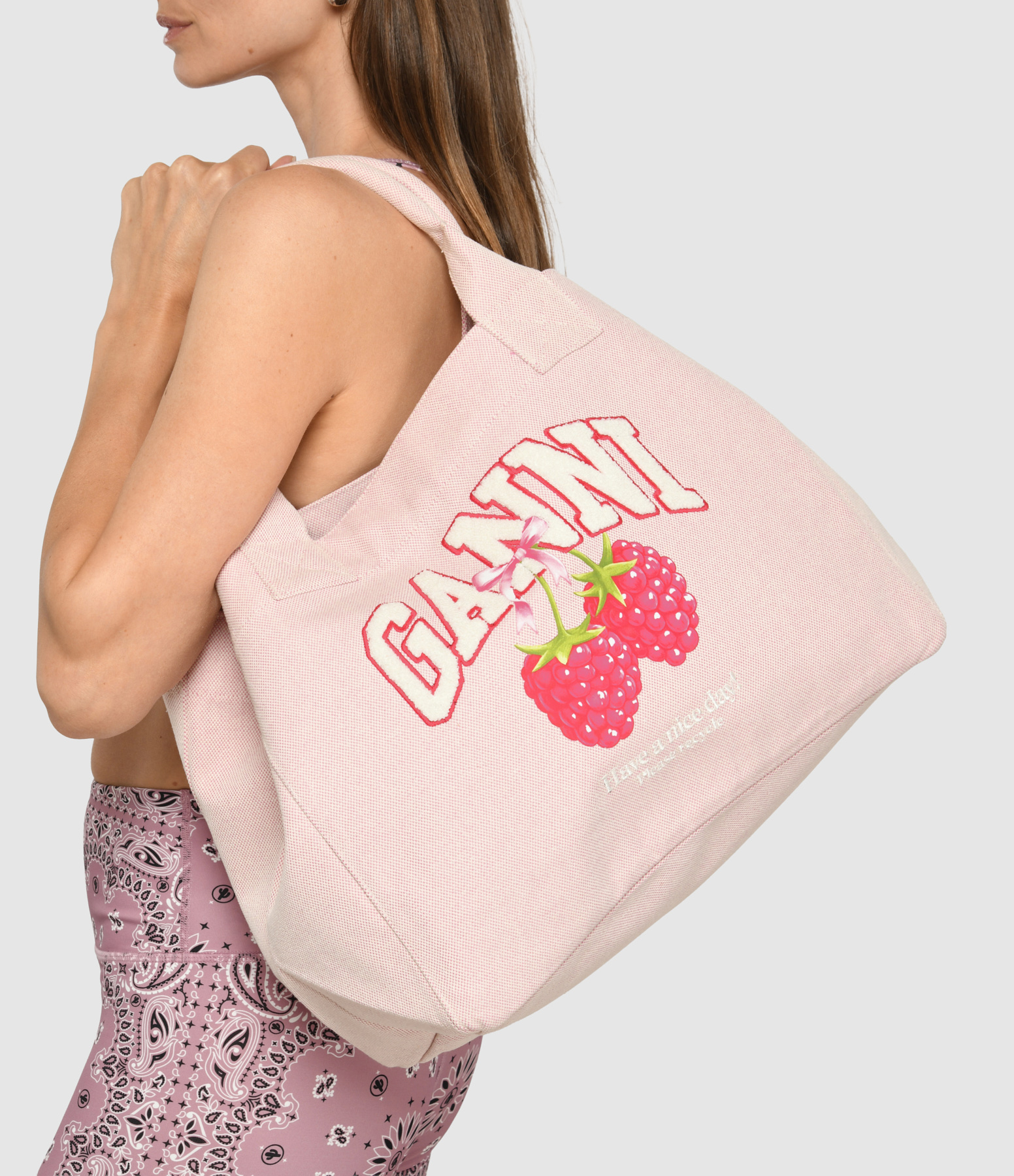 Medium Trapeze Shopper Tote Bag – Raspberry Print – Egret