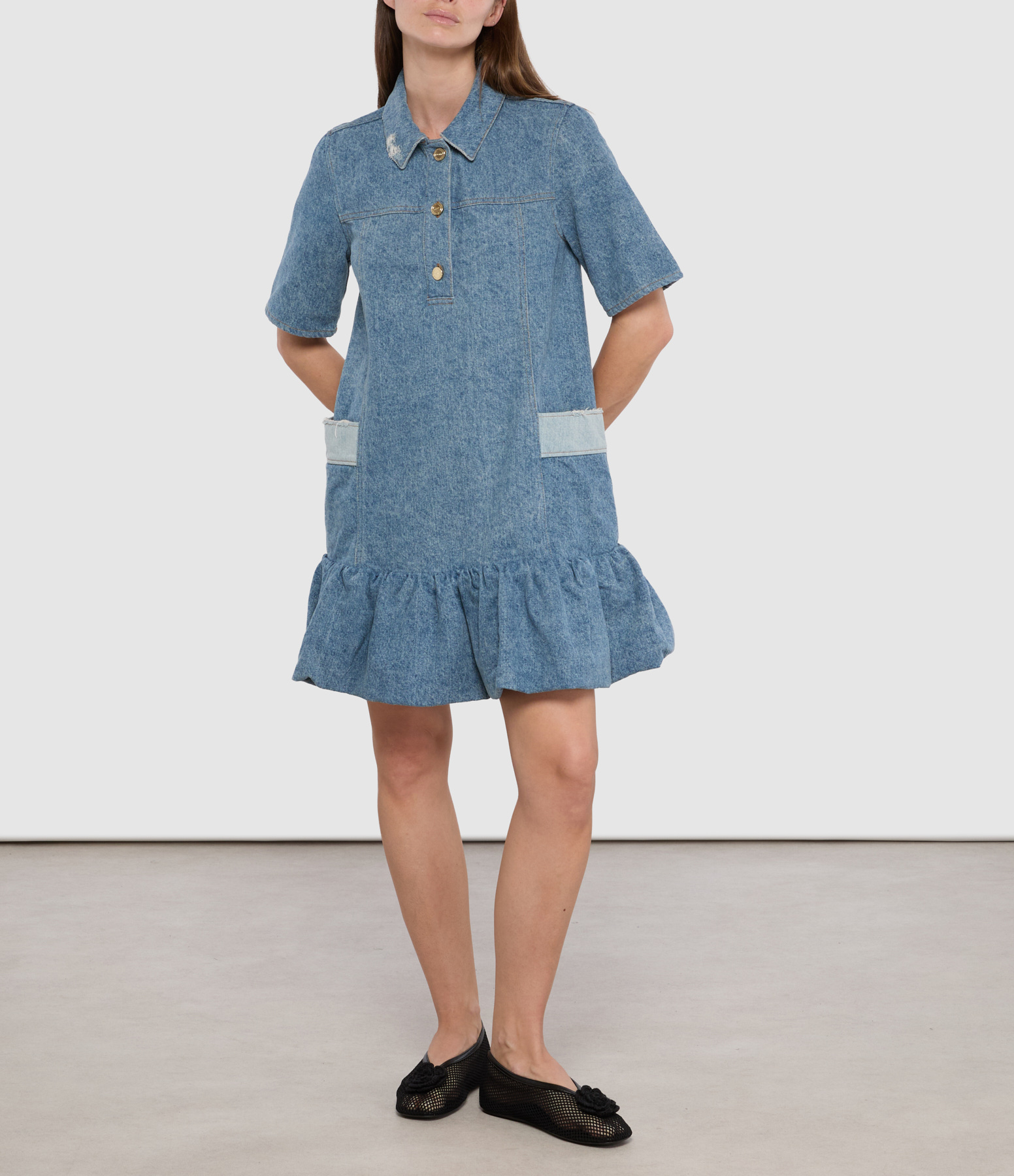 Vintage Mid-Blue Patchwork Denim Peplum Dress