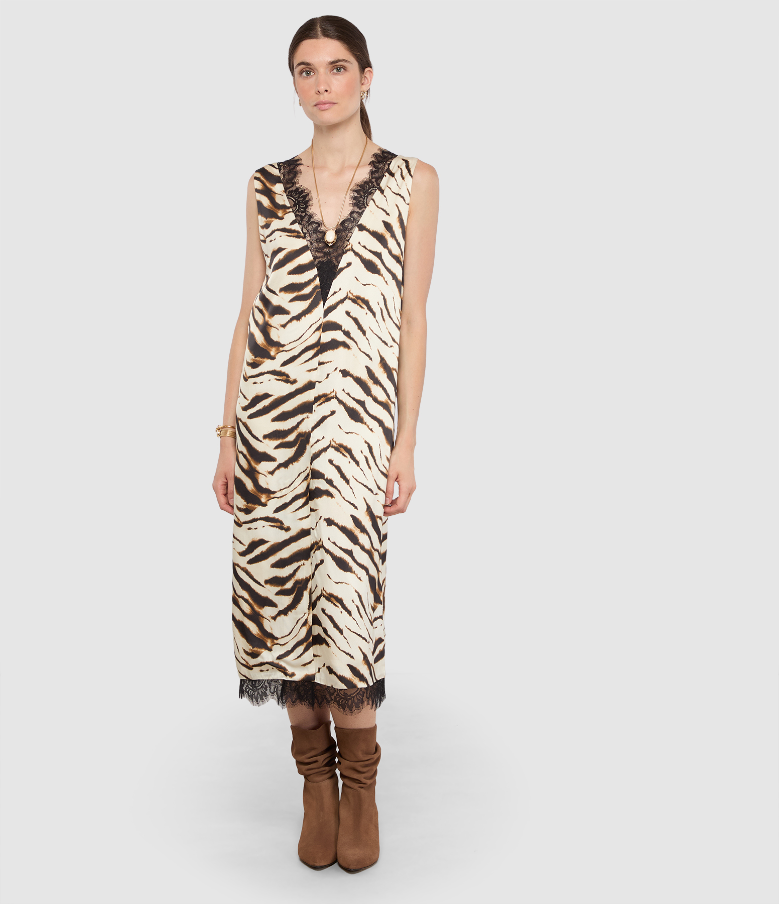 Egret Printed Stretch Satin V-neck Dress