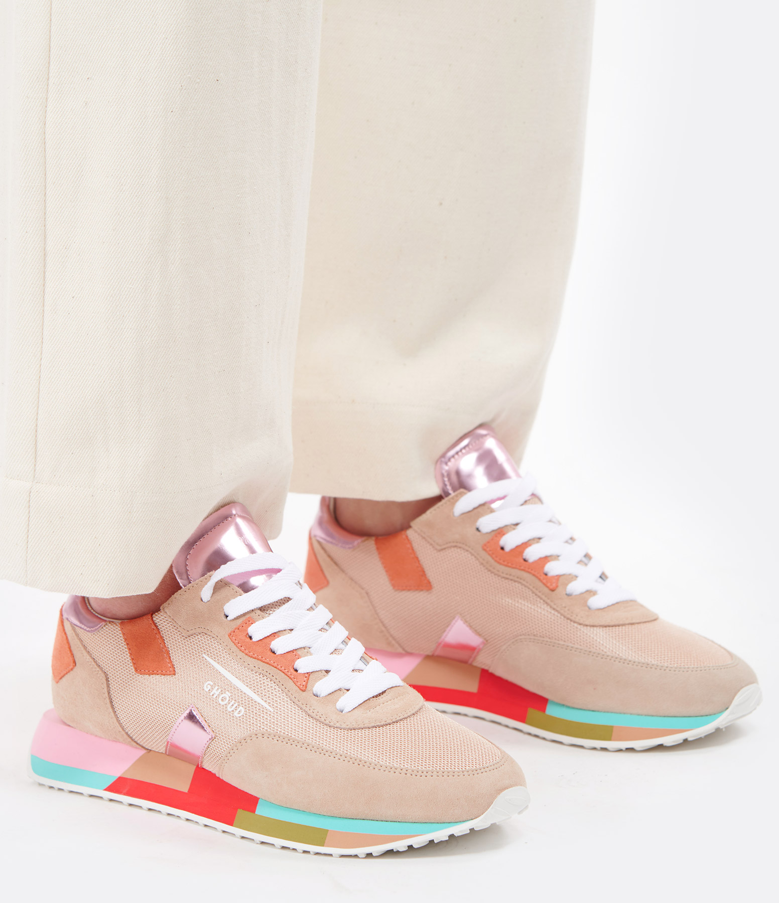 Multi Rush Beige and Turquoise Leather Running Trainers