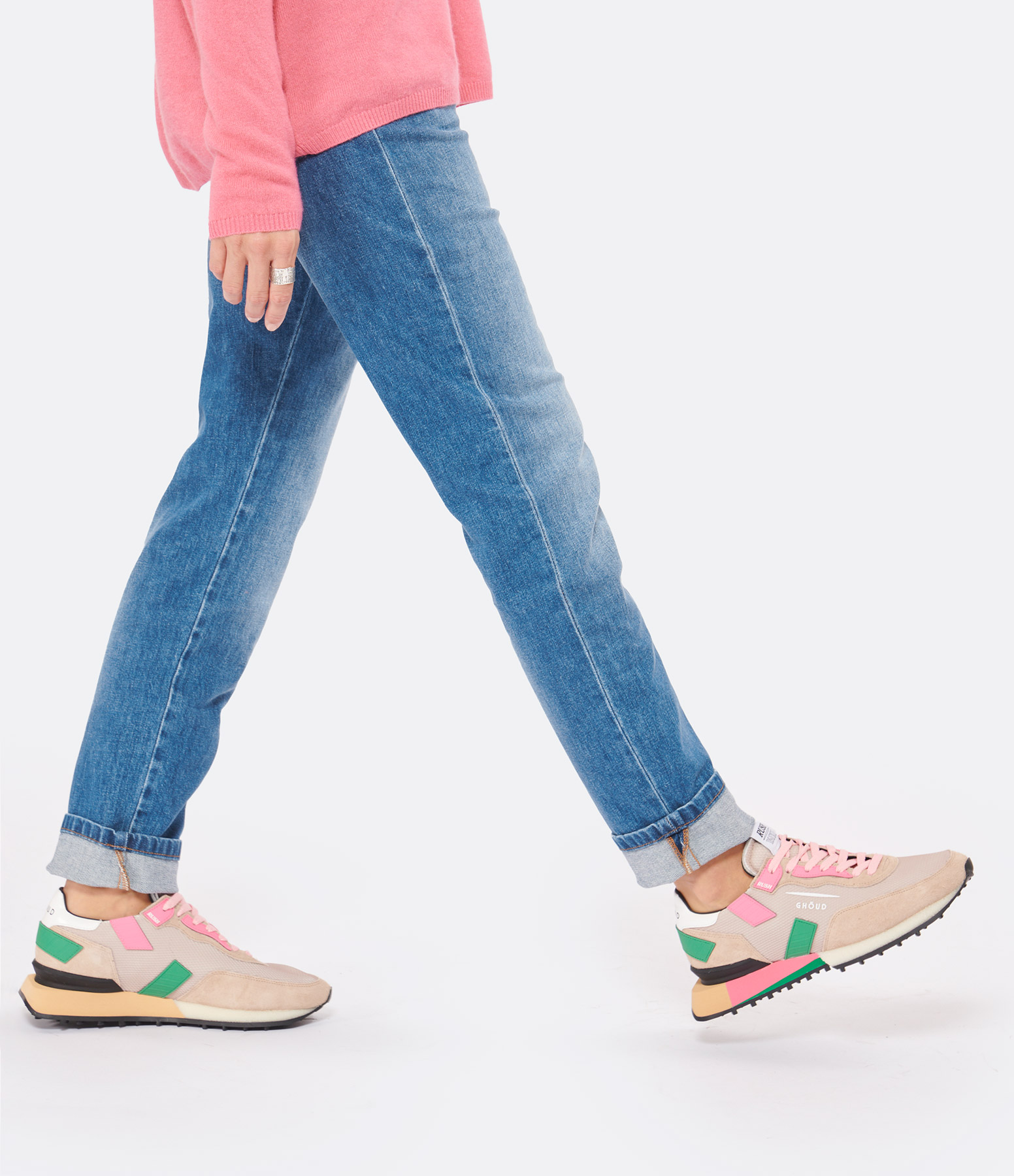 Rush Groove Mesh Suede Trainers – Beige, Green and Pink