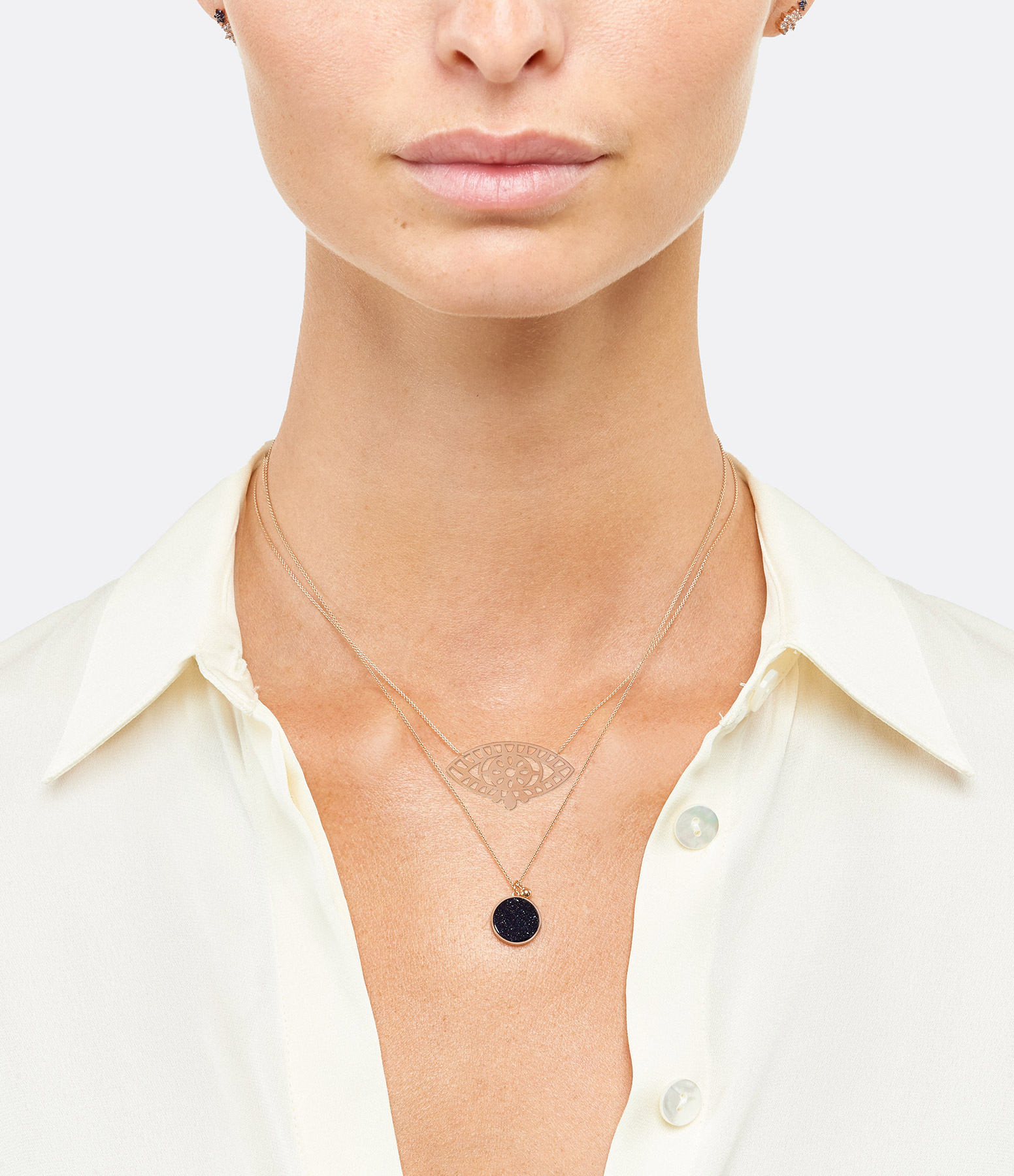 Ever Disc Jumbo Blue Sand Stone Rose Gold Long Necklace