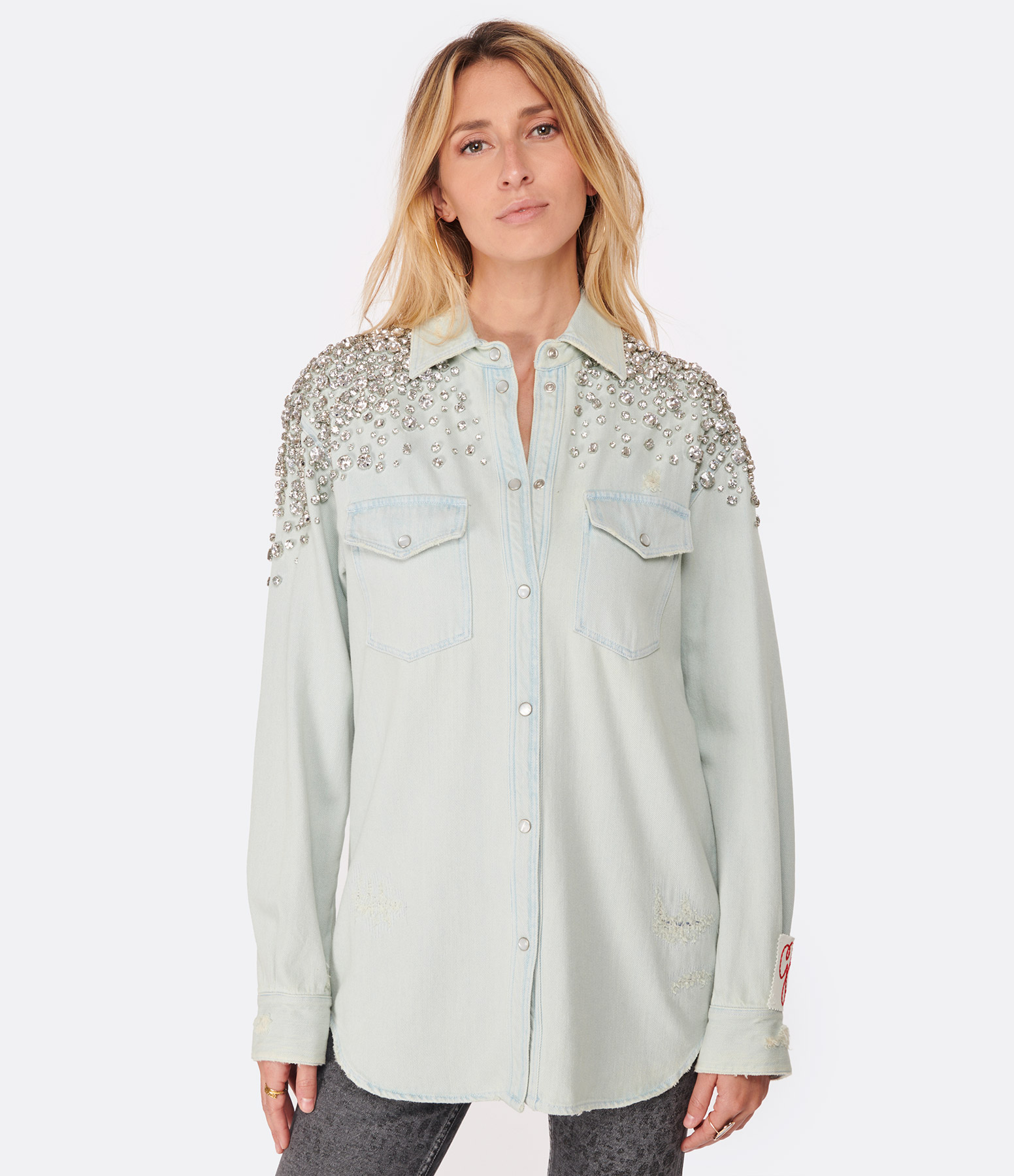 Blue Cotton Boyfriend Shirt with Gold Crystals