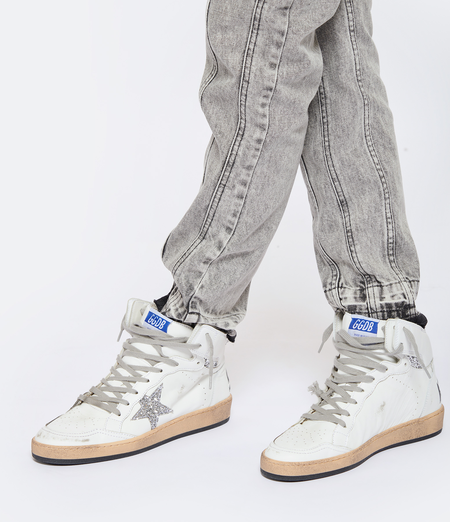 Sky Star Screen-Printed White Glitter Leather Trainers