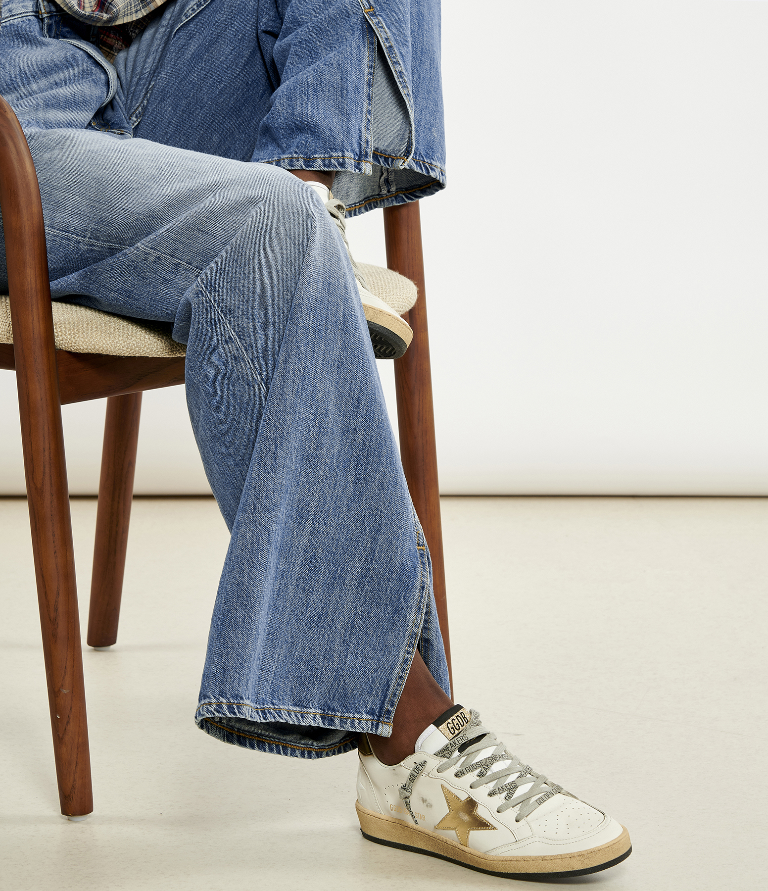 Ball Star Trainers in Laminated Ecru and Gold Leather