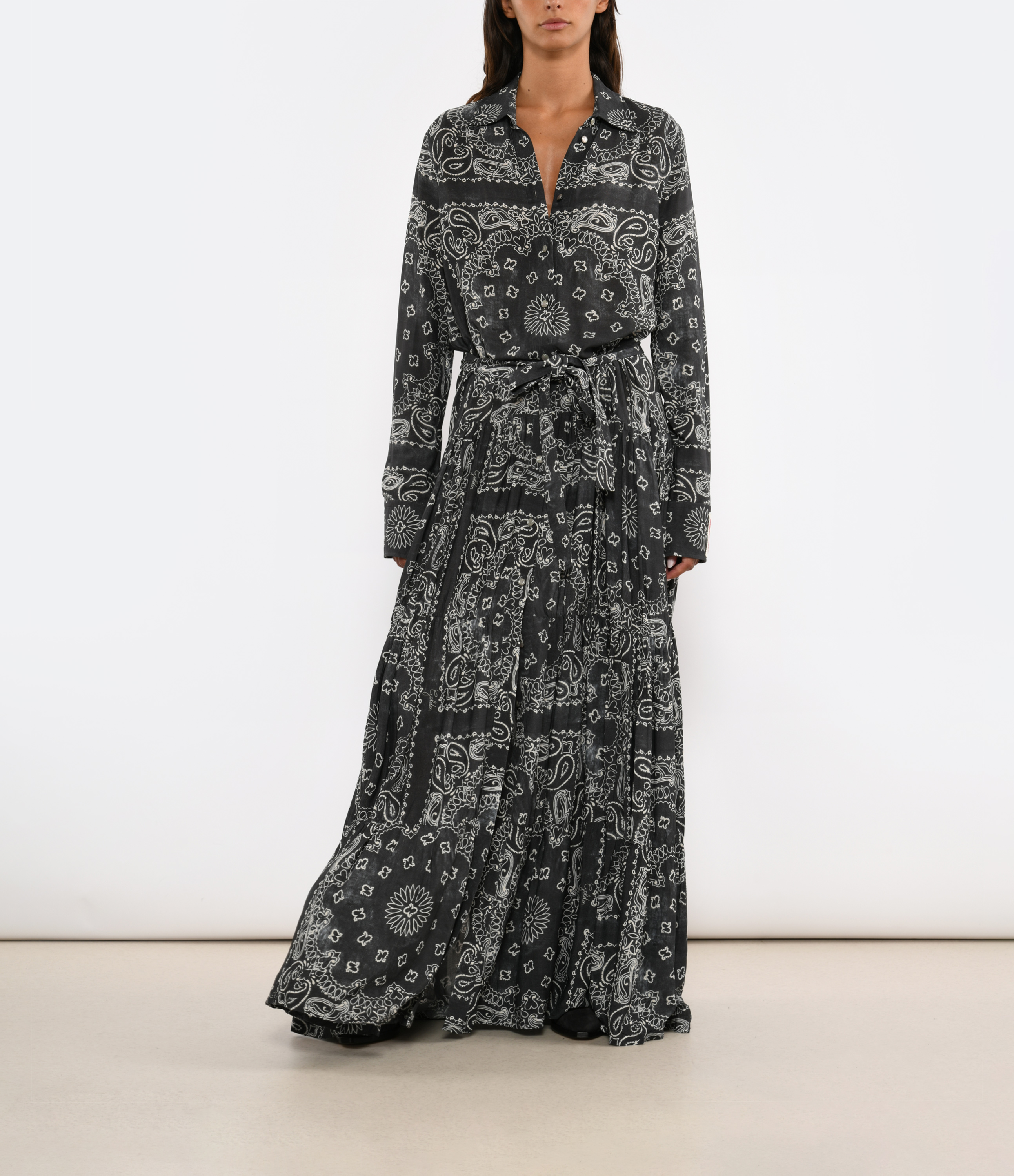 Long Golden Dress with Anthracite Print