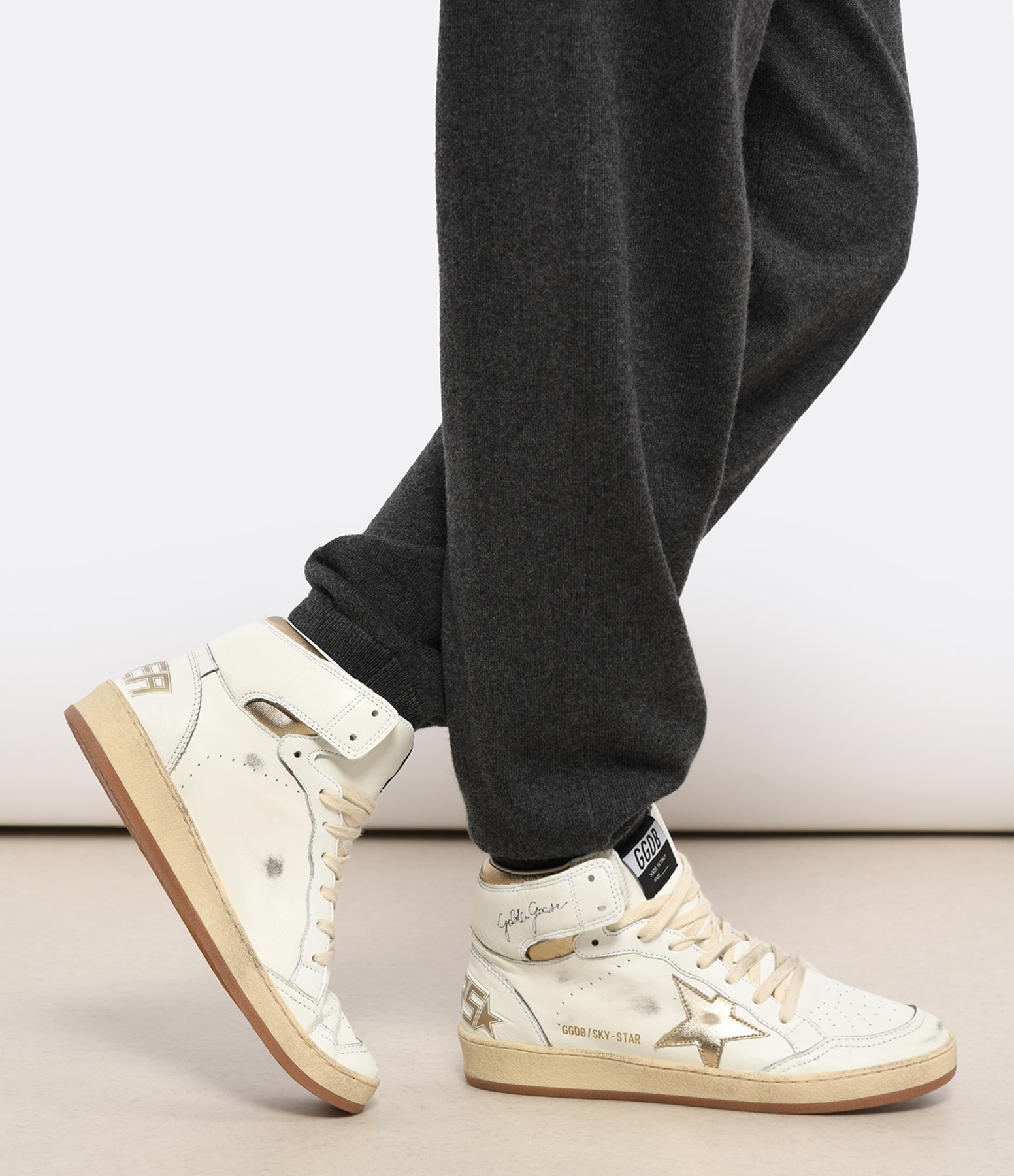 Sky Star Laminated Leather Trainers – White, Black and Gold