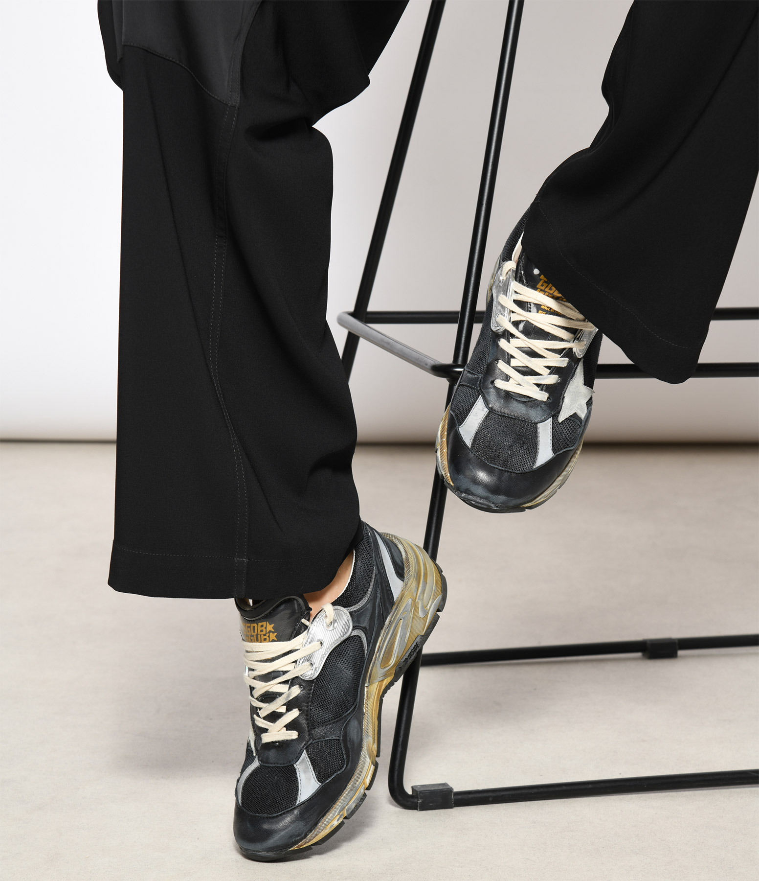 Men’s Running Dad Trainers in Black and Silver Leather
