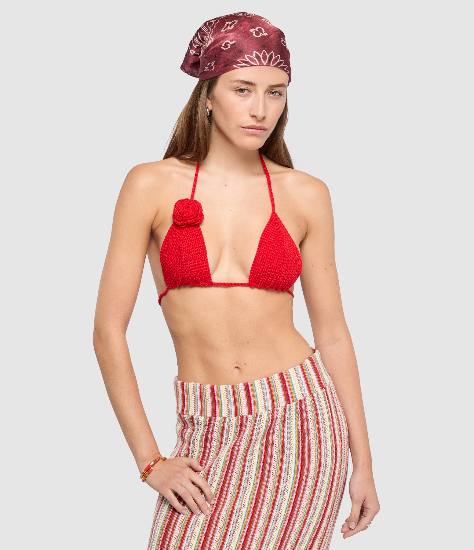 Golden Silk Bandana-Print Scarf in Red