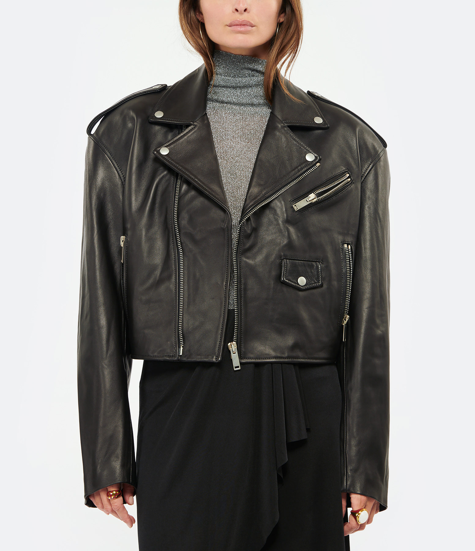 Black Cropped Leather Chiodo Jacket