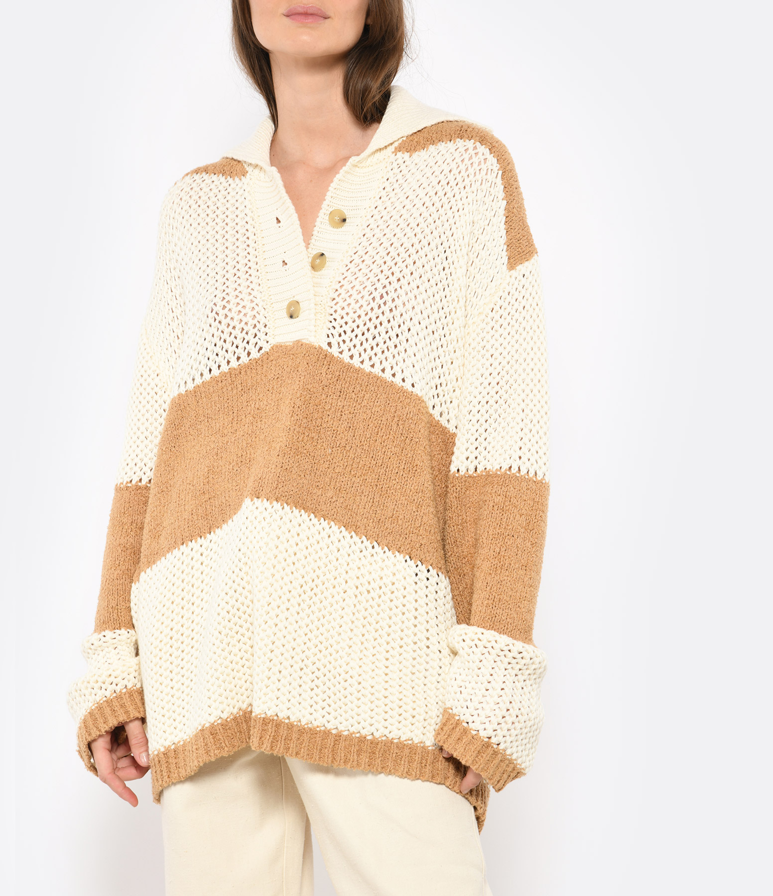 Sand-Coloured Striped Knitted Jumper