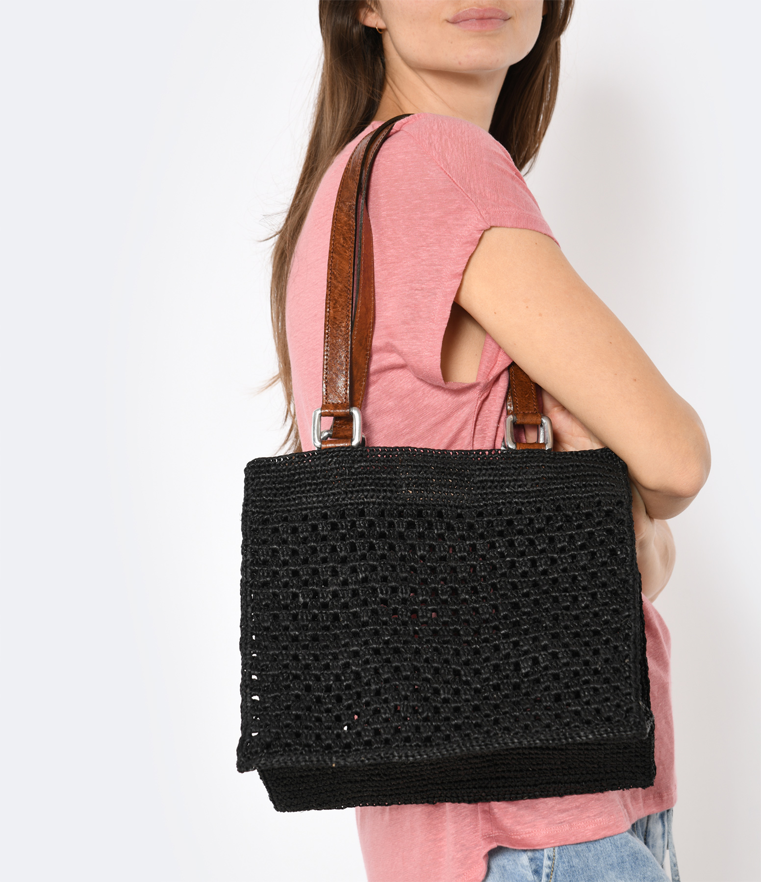 Irina Raphia Black Tote Bag