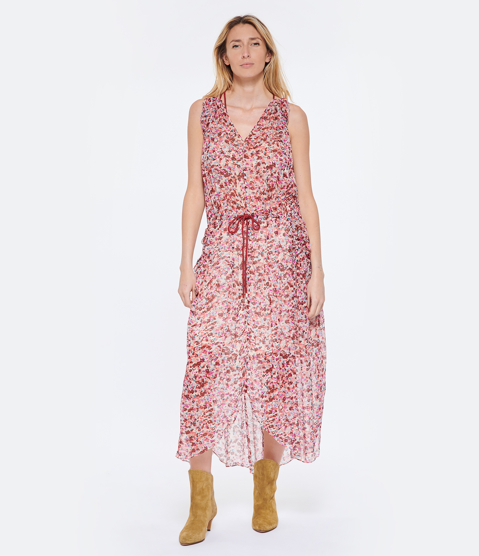 Fadelo Long Dress, Raspberry Print, Ecru