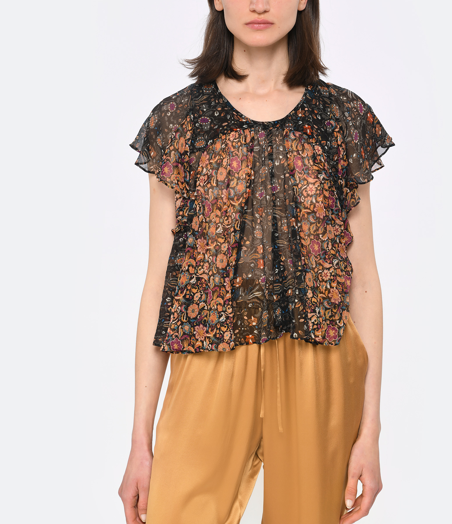 Oriane Silk Top with Orange Print