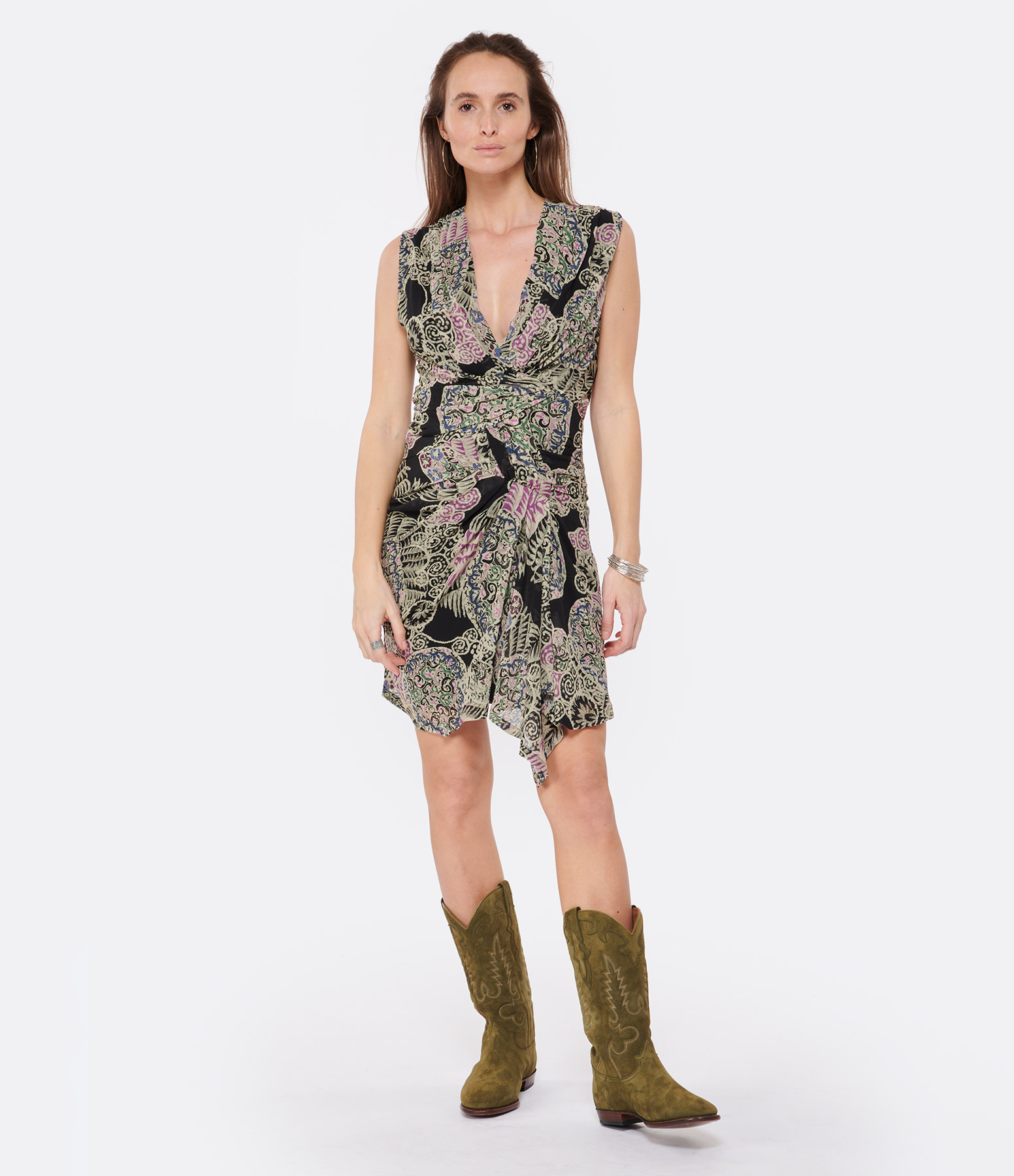 Rolina Silk Dress, Green Print
