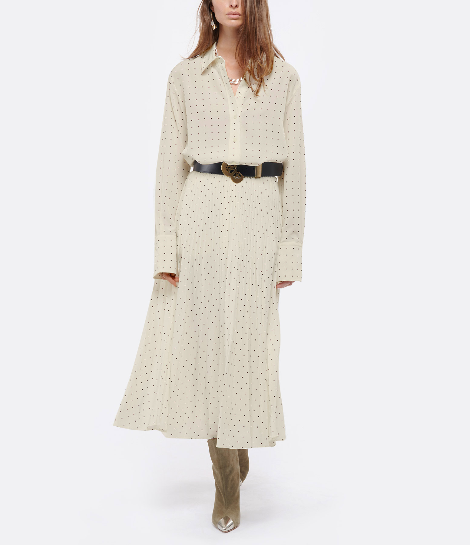 Sorence Silk Skirt with Ivory Polka Dot Print