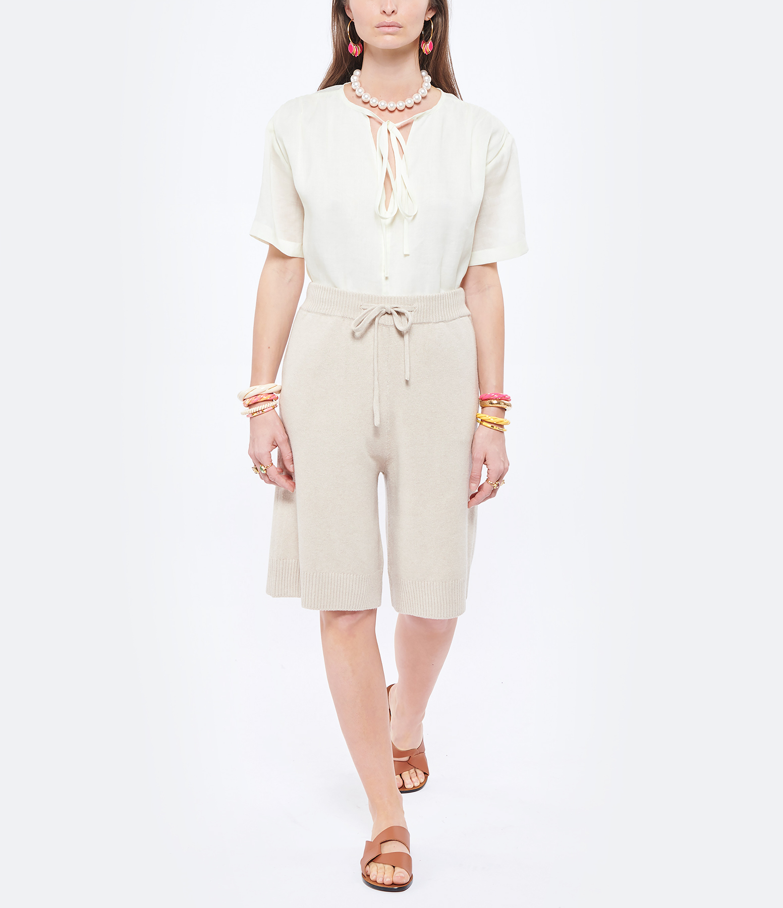 Beige Silk-Cotton Bermuda Shorts