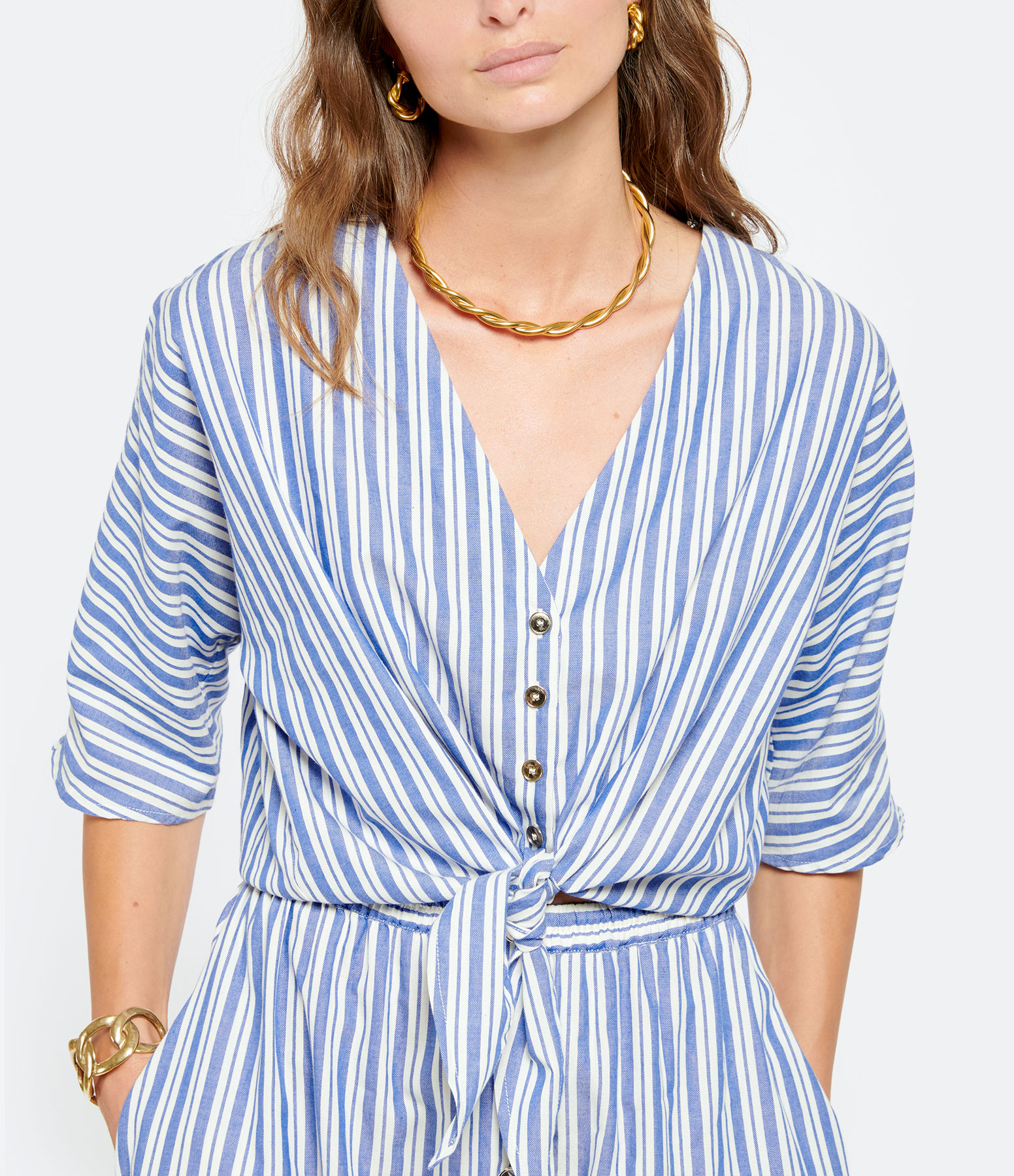 Rivage Striped Blue and White Cotton Bow Blouse