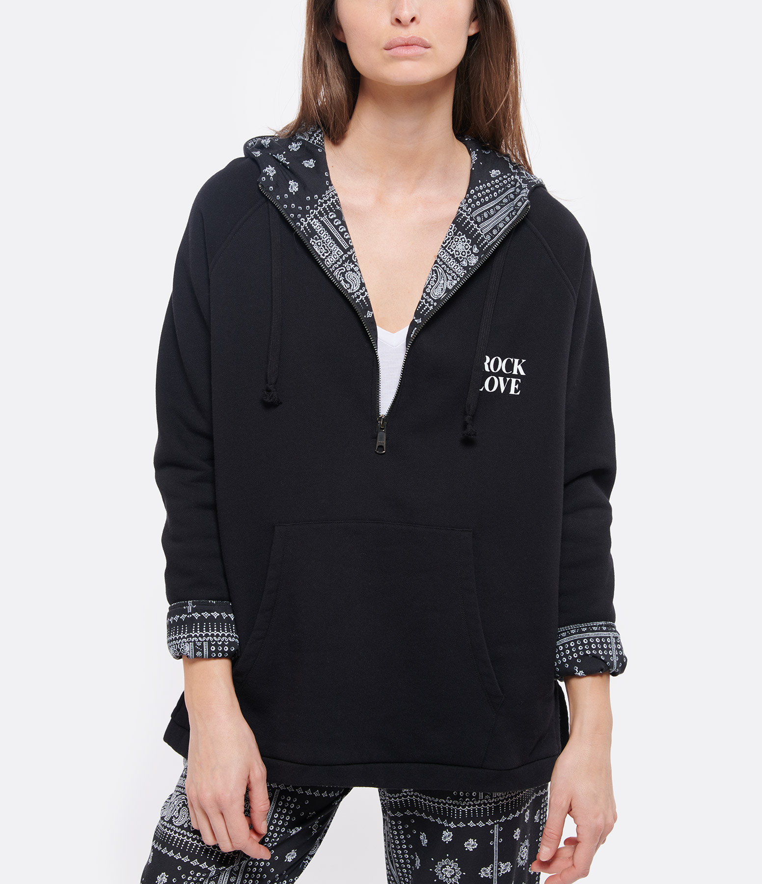 Gaspar Zipper Rock Love Bandana Black Hooded Top