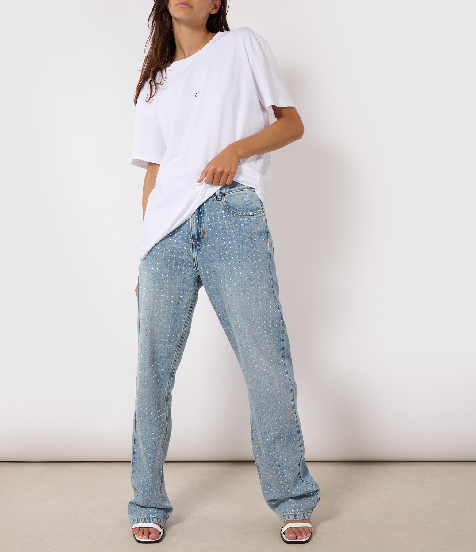 Jean Lony Straight Large Denim with Rhinestones, Blue