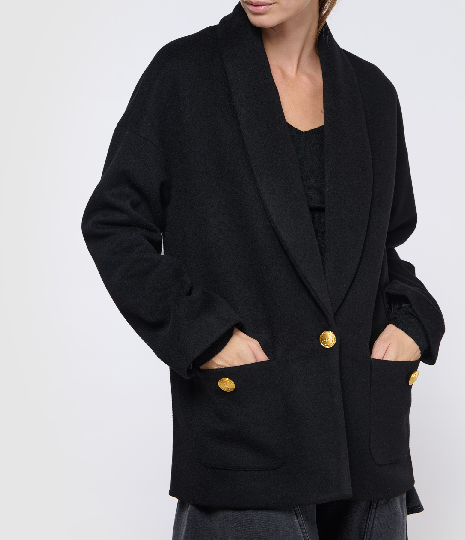 Malbe Black Cashmere and Wool Coat with Gold Buttons