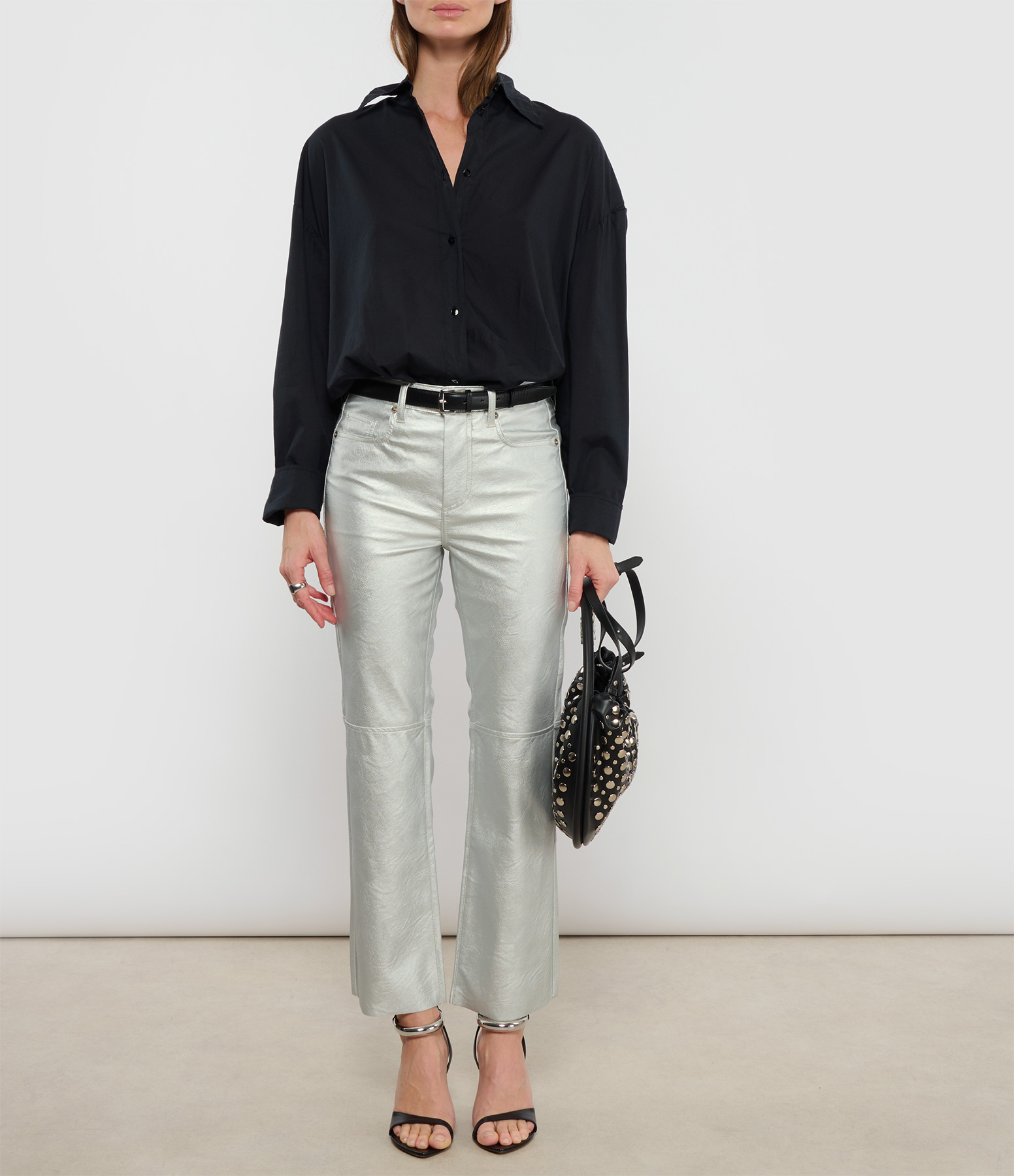 Gabryel Cropped Flare Trousers in Silver Faux Leather