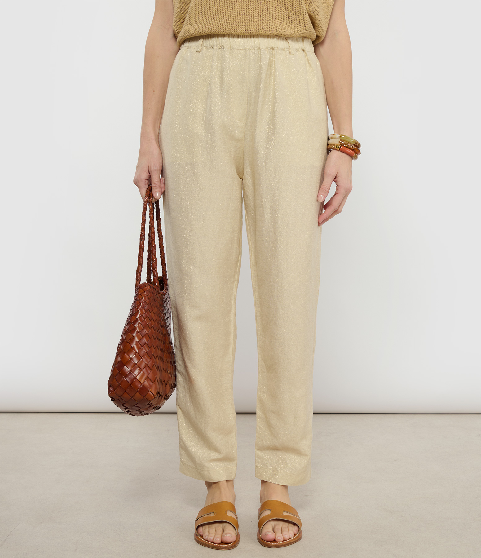 Hana Straight-Leg Lurex Trousers in Sand