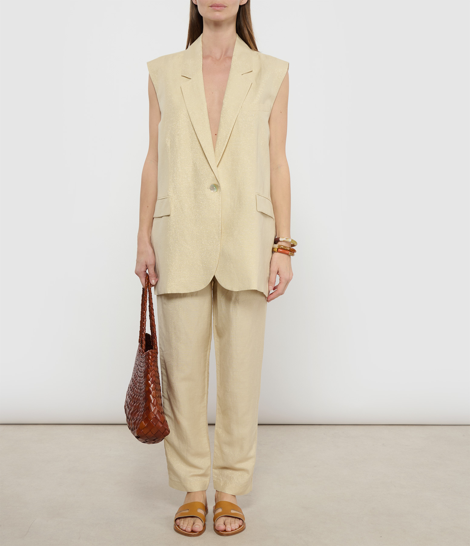Kos Sleeveless Linen Lurex Blazer in Sand