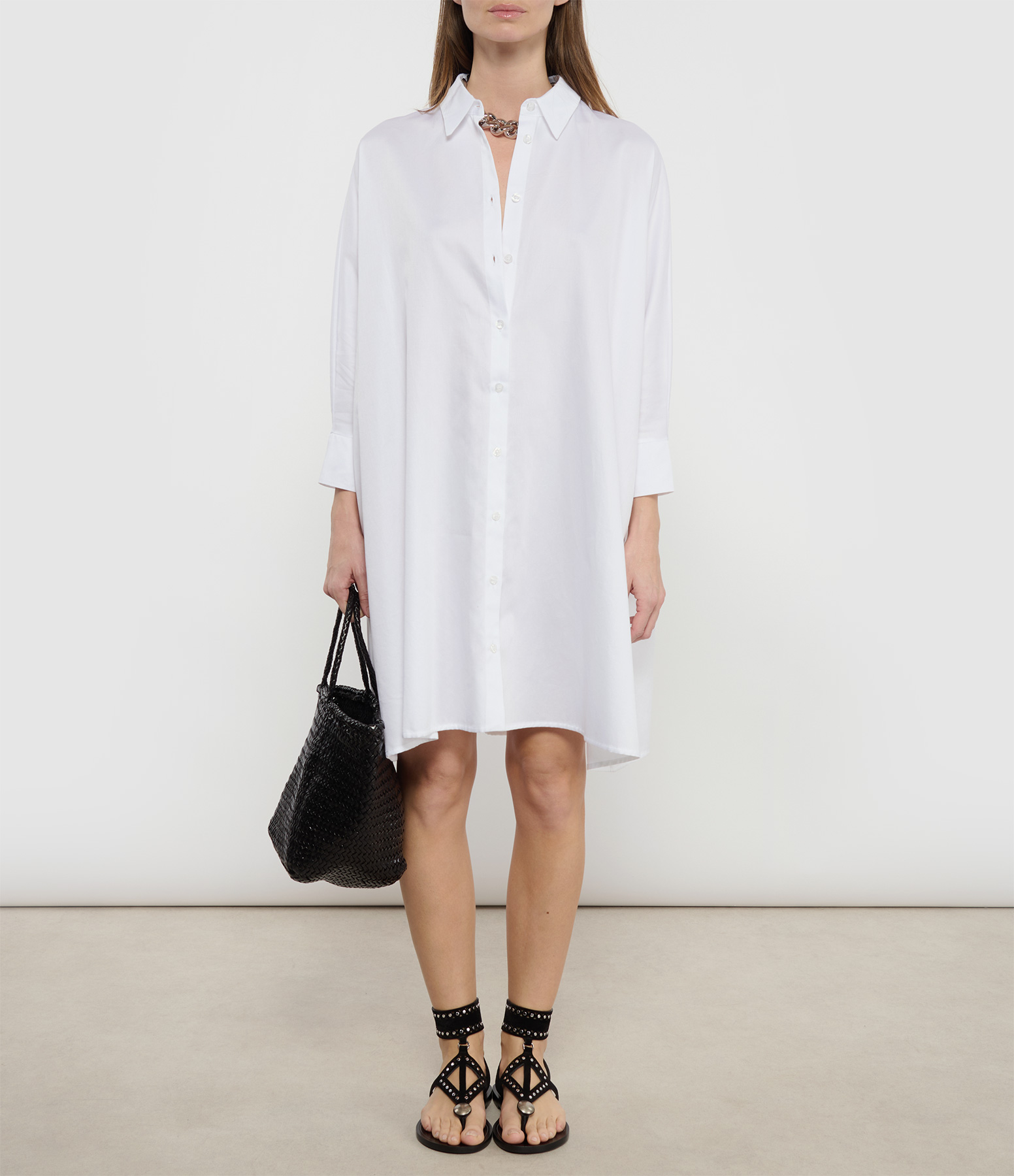 Noli White Cotton Satin Poplin Shirt Dress