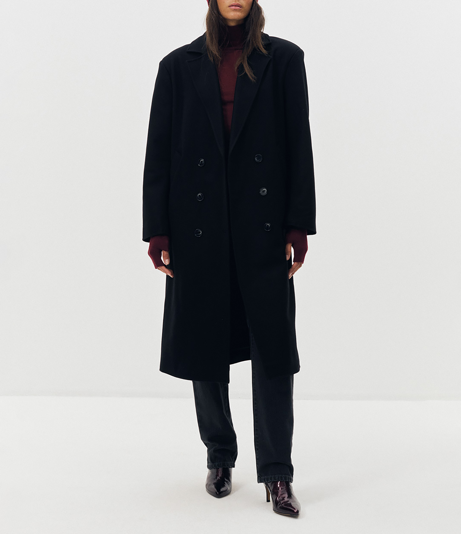 Black Long-Sleeved Cashmere-Blend Wool Pea Coat