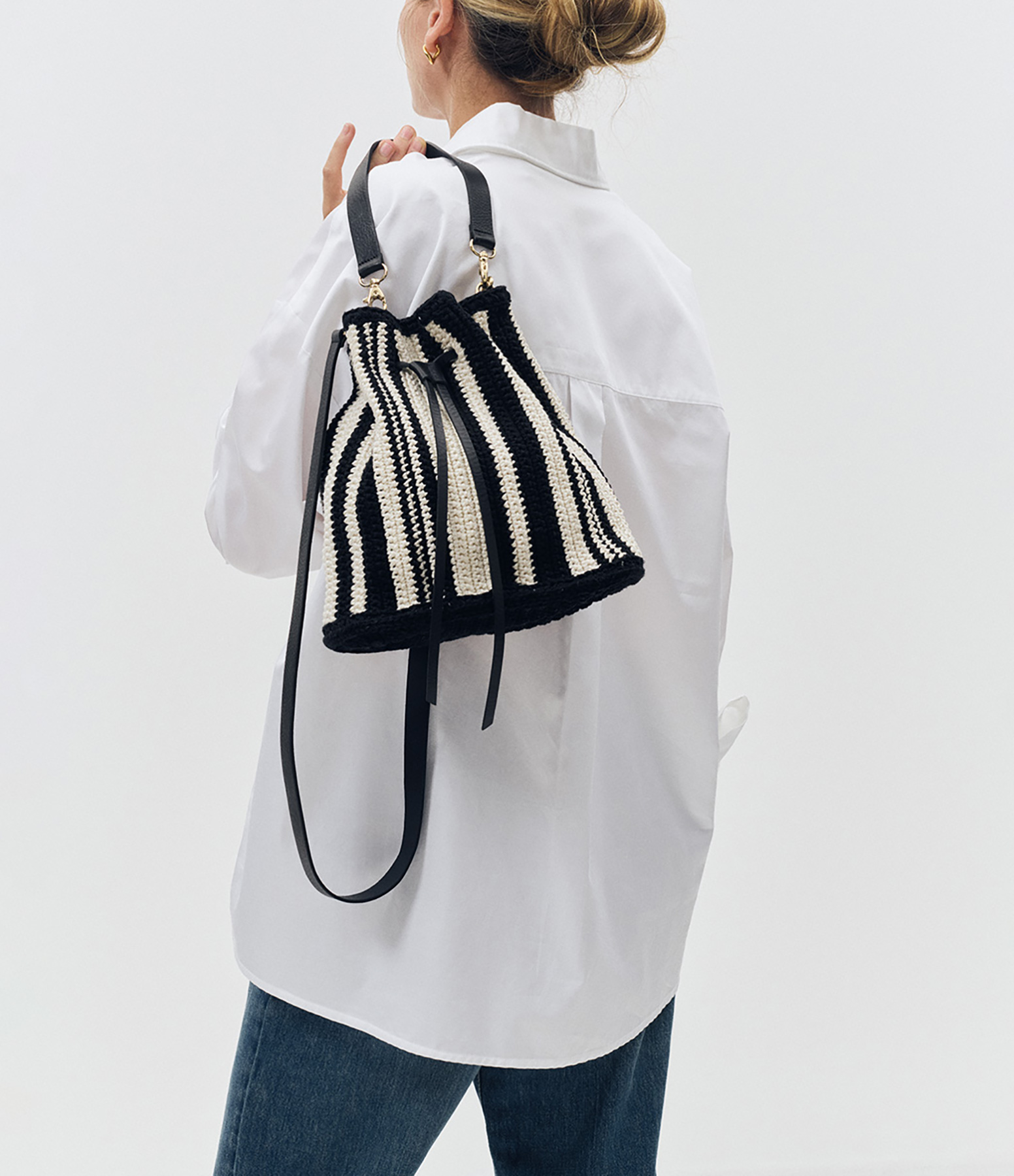 Ninon Crochet Striped Bucket Bag in Black and Ecru, Jeanne Vouland x Les Mains de Mamie Collaboration
