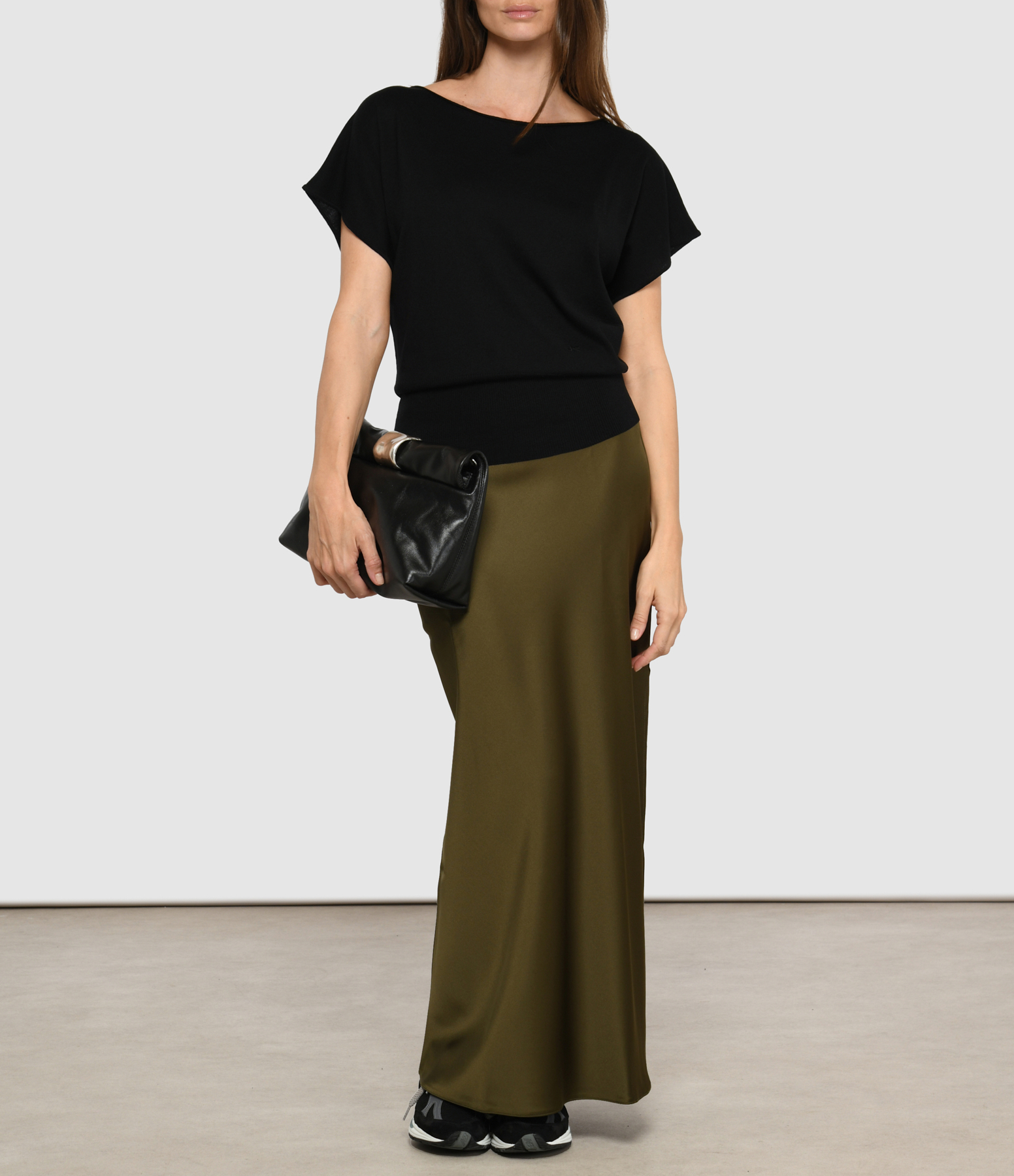 Ola Long Khaki Satin Skirt