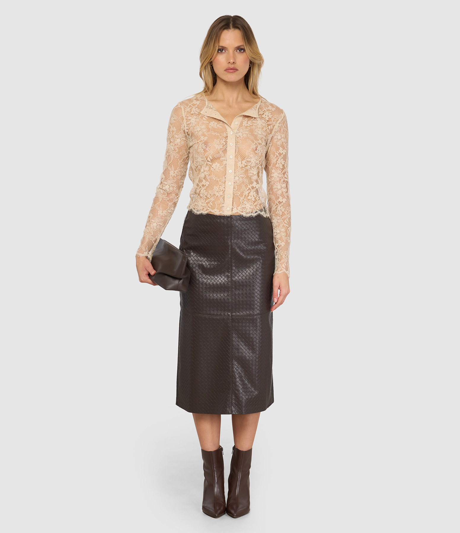 Rogger Skirt – High-waisted, Midi-length, Chocolate-coloured Chevron-print Faux Leather