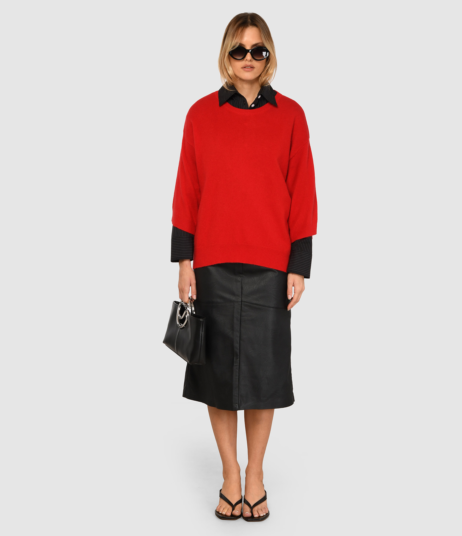 Romana High-Waisted, Midi-Length Faux Leather Skirt in Black
