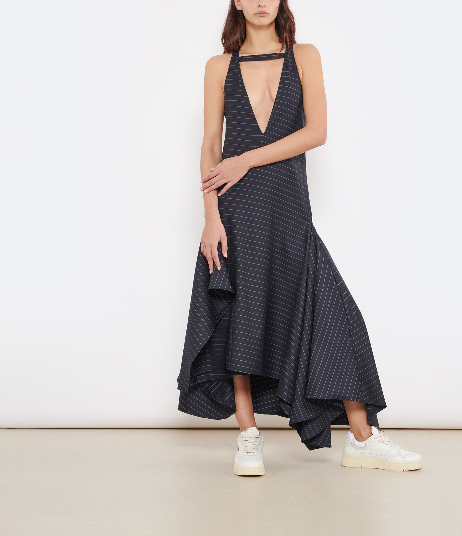 Navy Long V-Neck Square-Hem Dress
