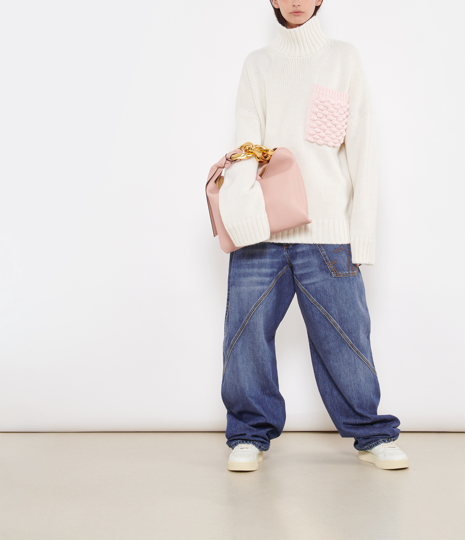 White Textured Patch Pocket Turtleneck Jumper