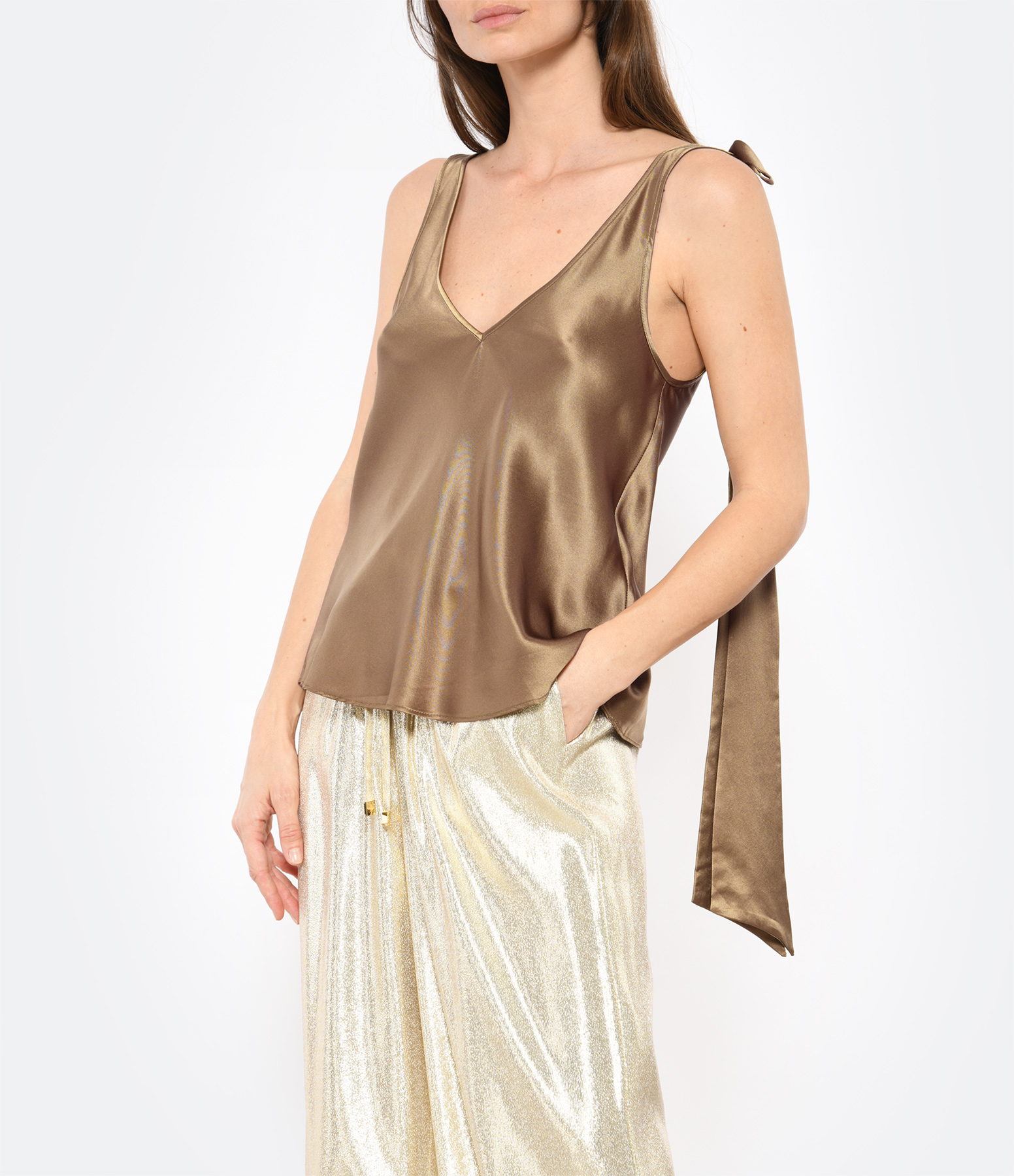 Light Olive Silk Shoulder-Tie Top