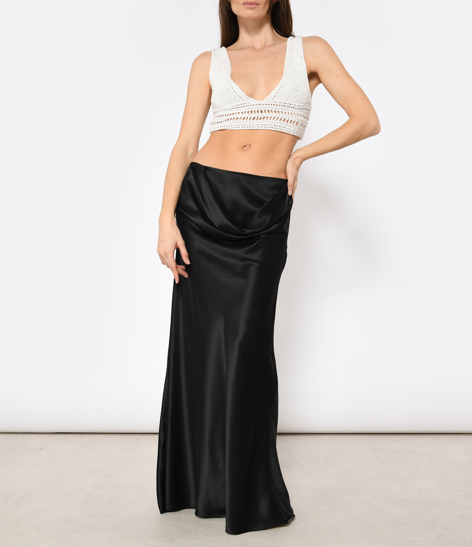 Long Black Draped-Waist Column Skirt