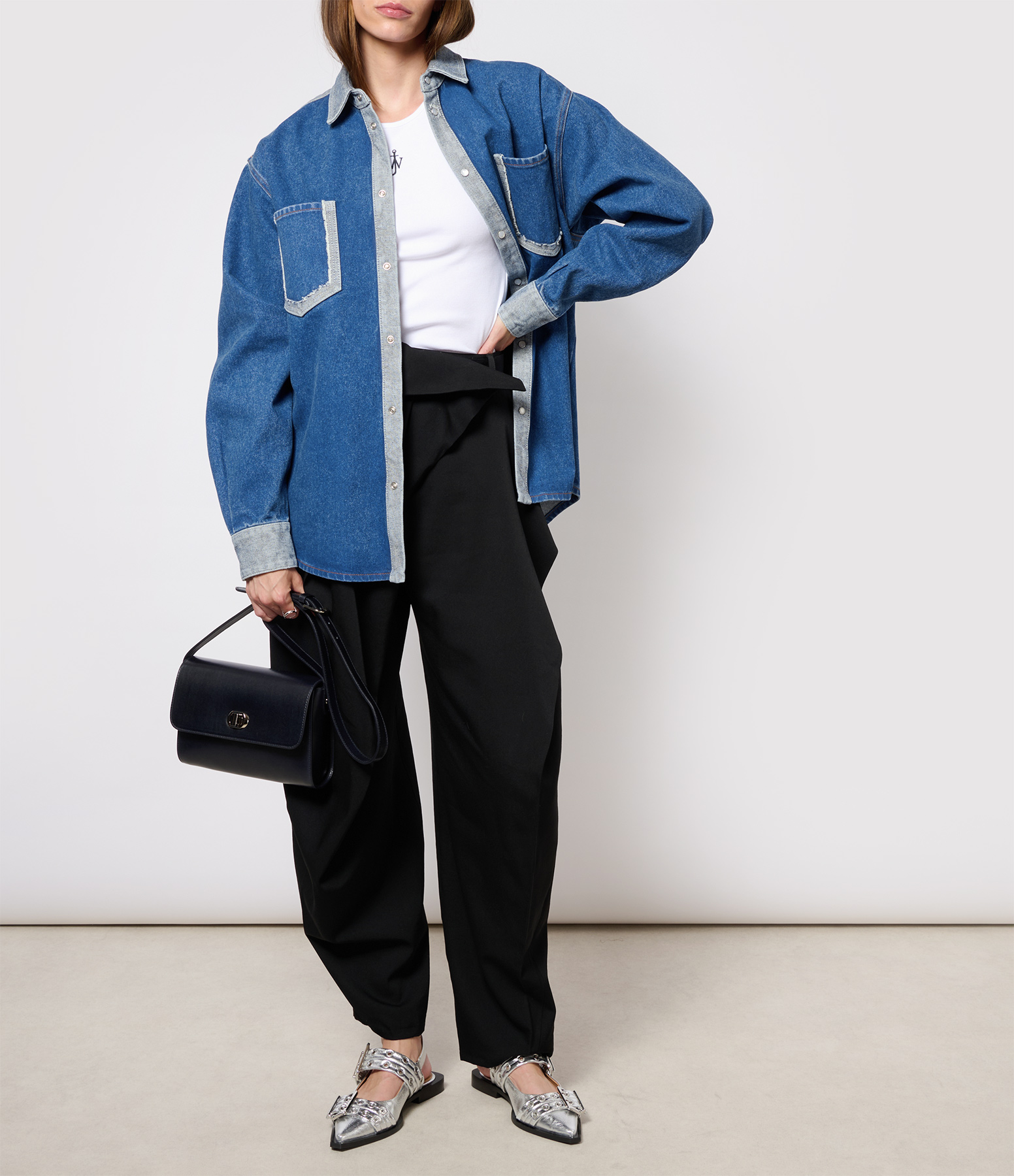 Black Wool Fold-Over Trousers