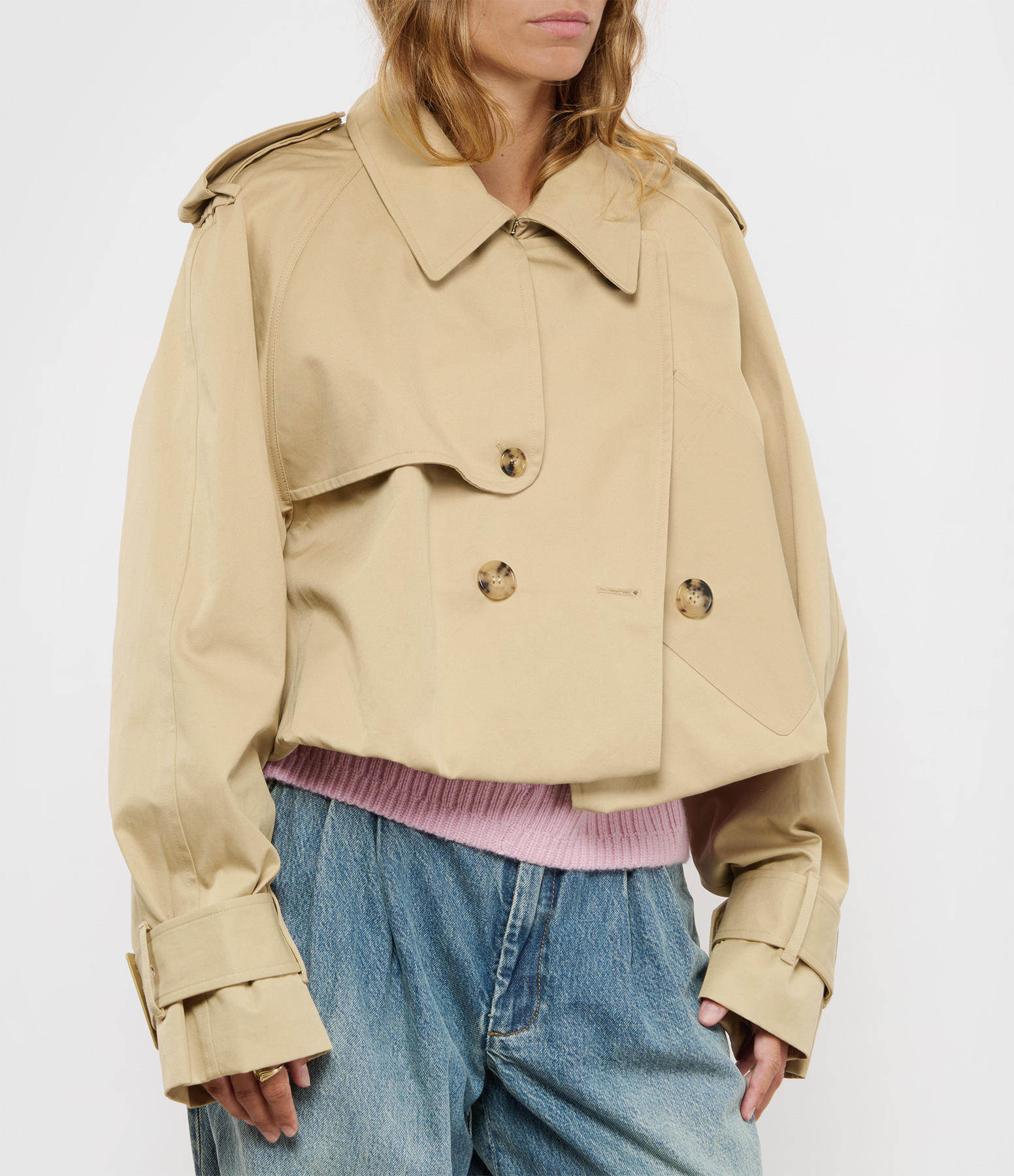 Cropped Trench Coat in Light Beige
