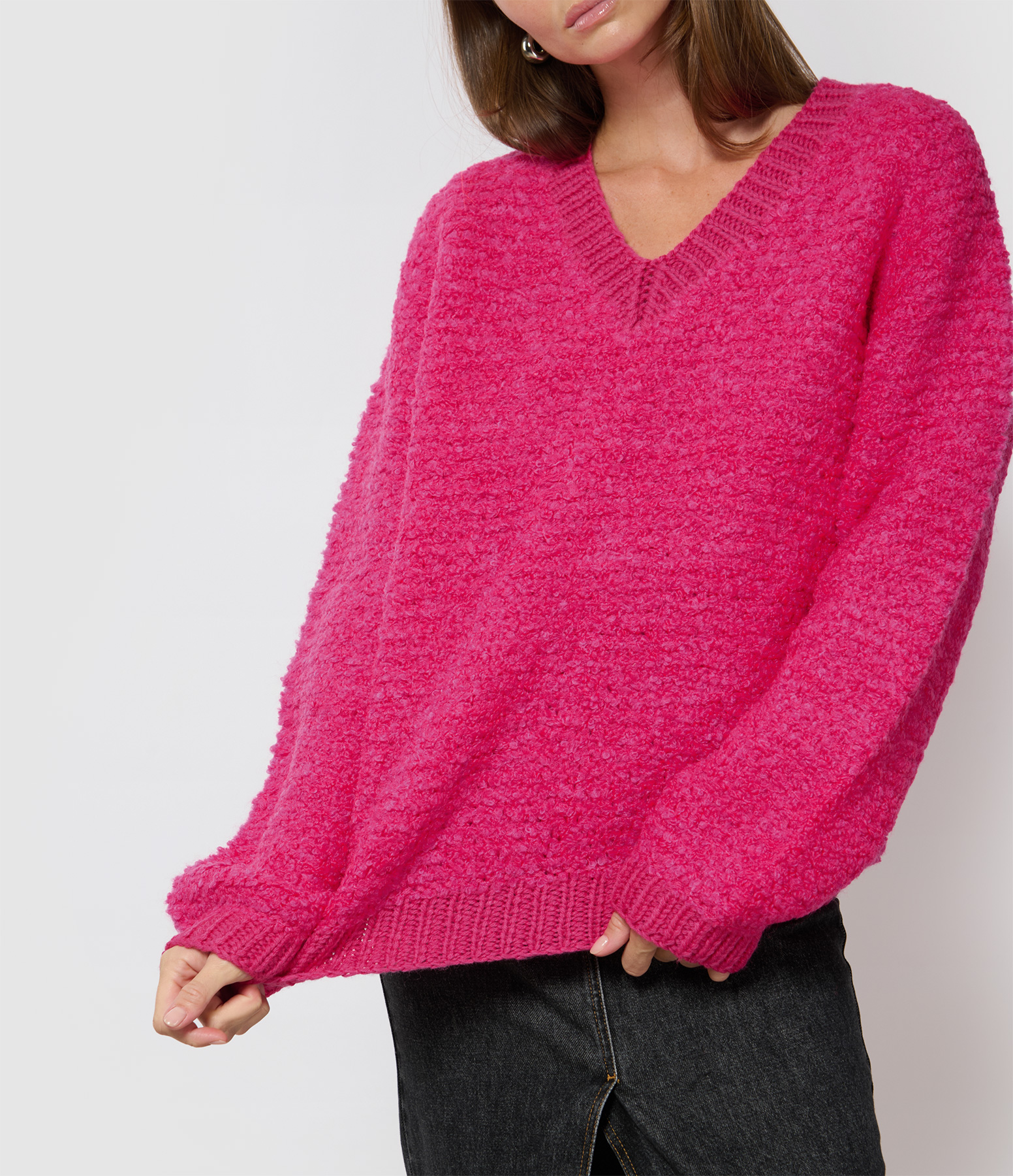 Hot Pink V-neck Knitted Jumper